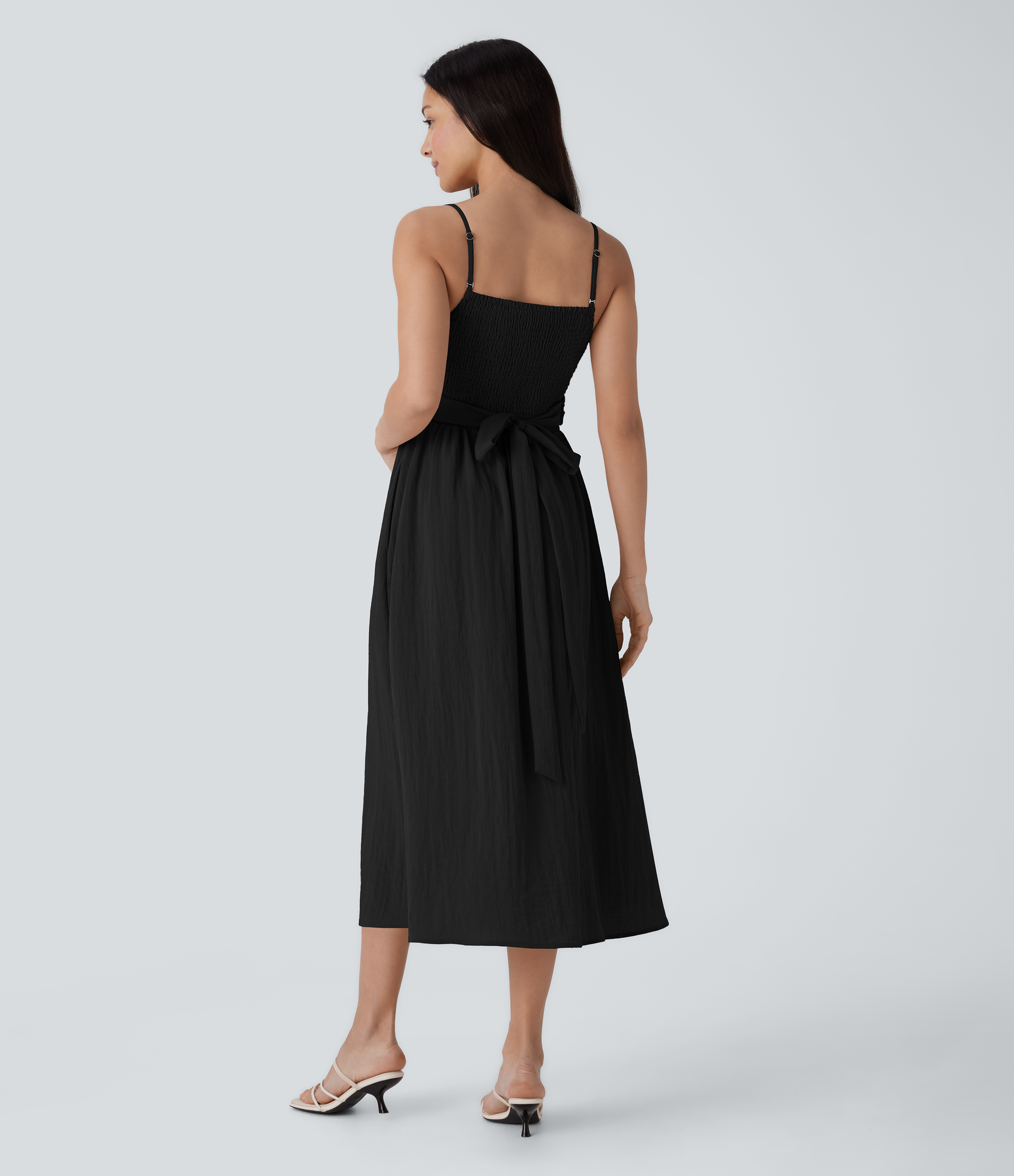 Negro Vestido midi holgado lino tirante ajustable sin espalda fruncido lazo espalda bolsillo lateral usar delante detrás / 2