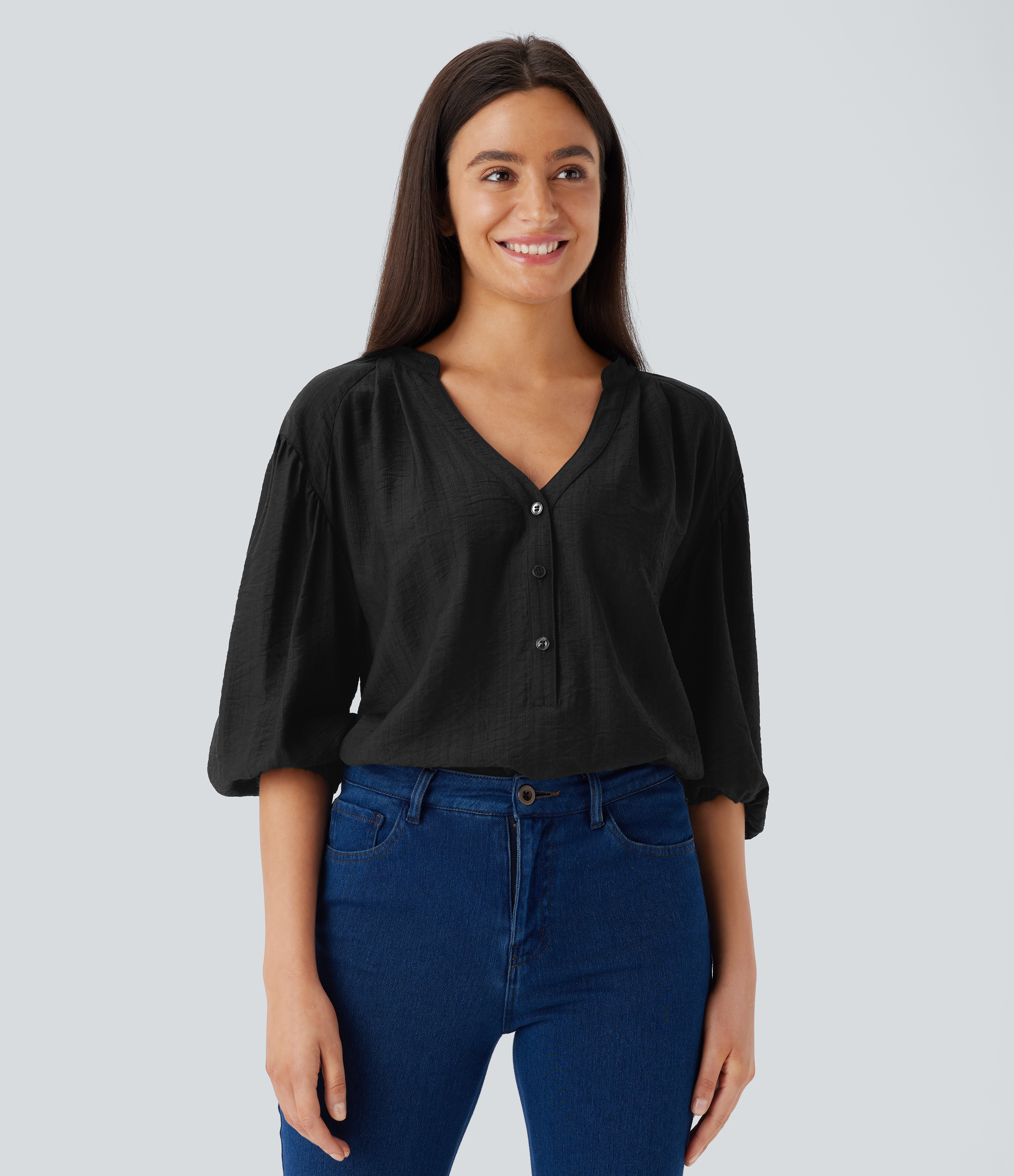 Halara V Neck Bishop Sleeve Oversize Casual Top Tank Top - Black - XL golf tops halter top tunic tops sleeveless tops backless top 