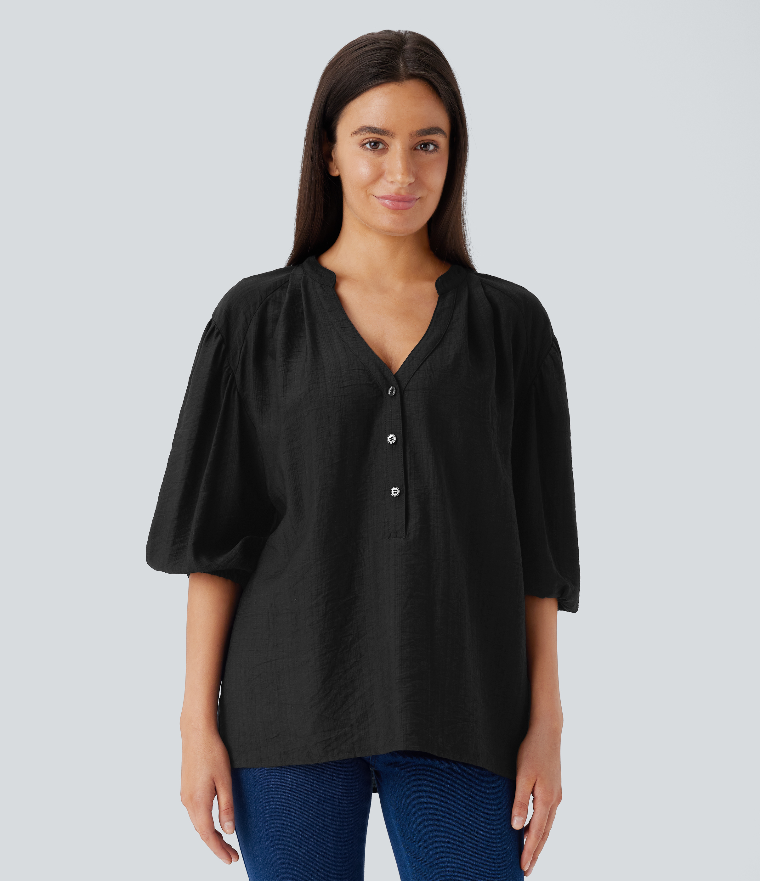 Halara V Neck Bishop Sleeve Oversize Casual Top Tank Top - Black - XL golf tops halter top tunic tops sleeveless tops backless top 