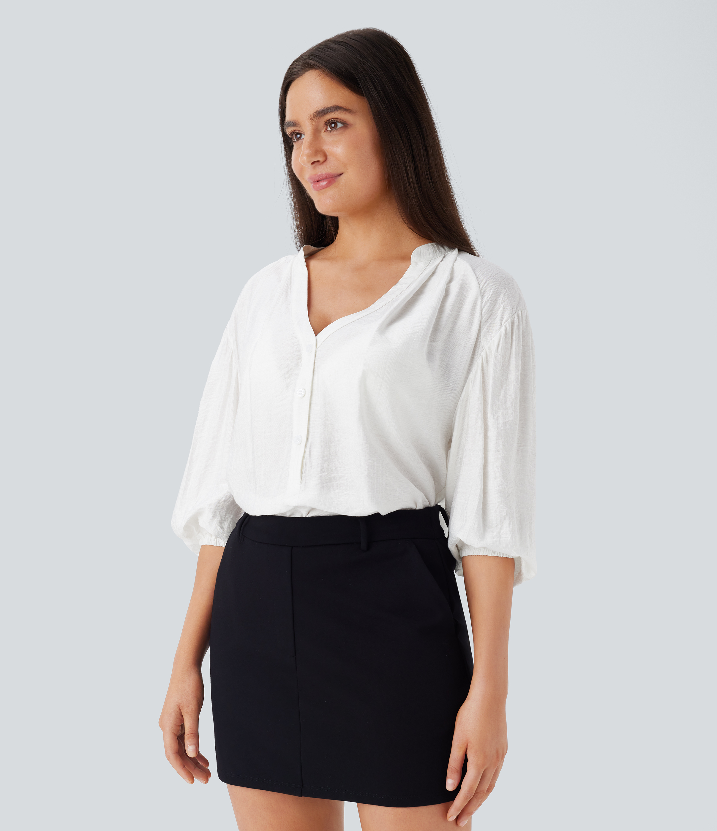 Halara V Neck Bishop Sleeve Oversize Casual Top Tank Top - White - M golf tops halter top tunic tops sleeveless tops backless top 