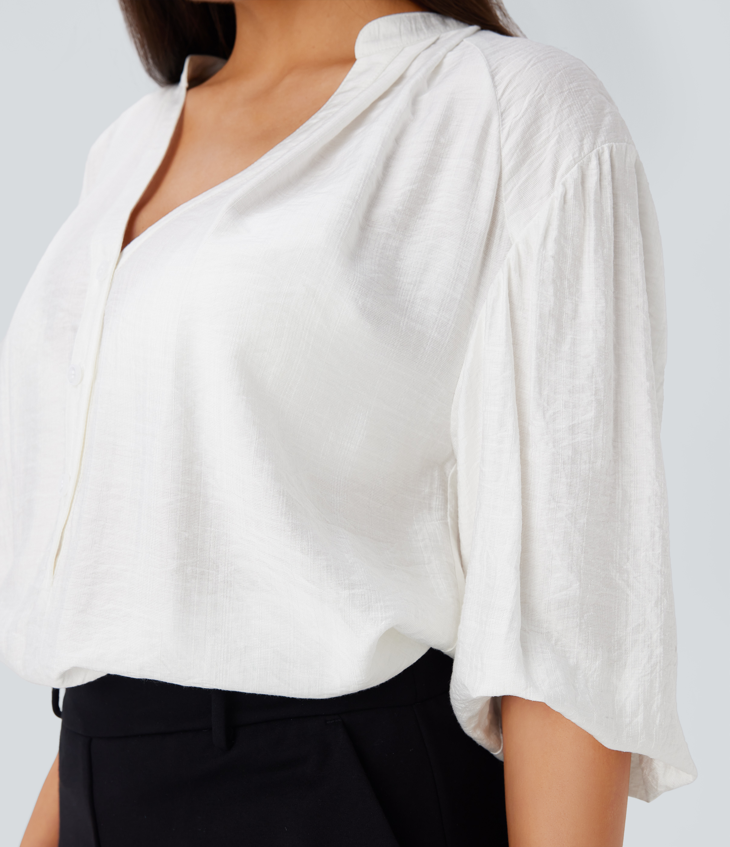 Halara V Neck Bishop Sleeve Oversize Casual Top Tank Top - White - M golf tops halter top tunic tops sleeveless tops backless top 