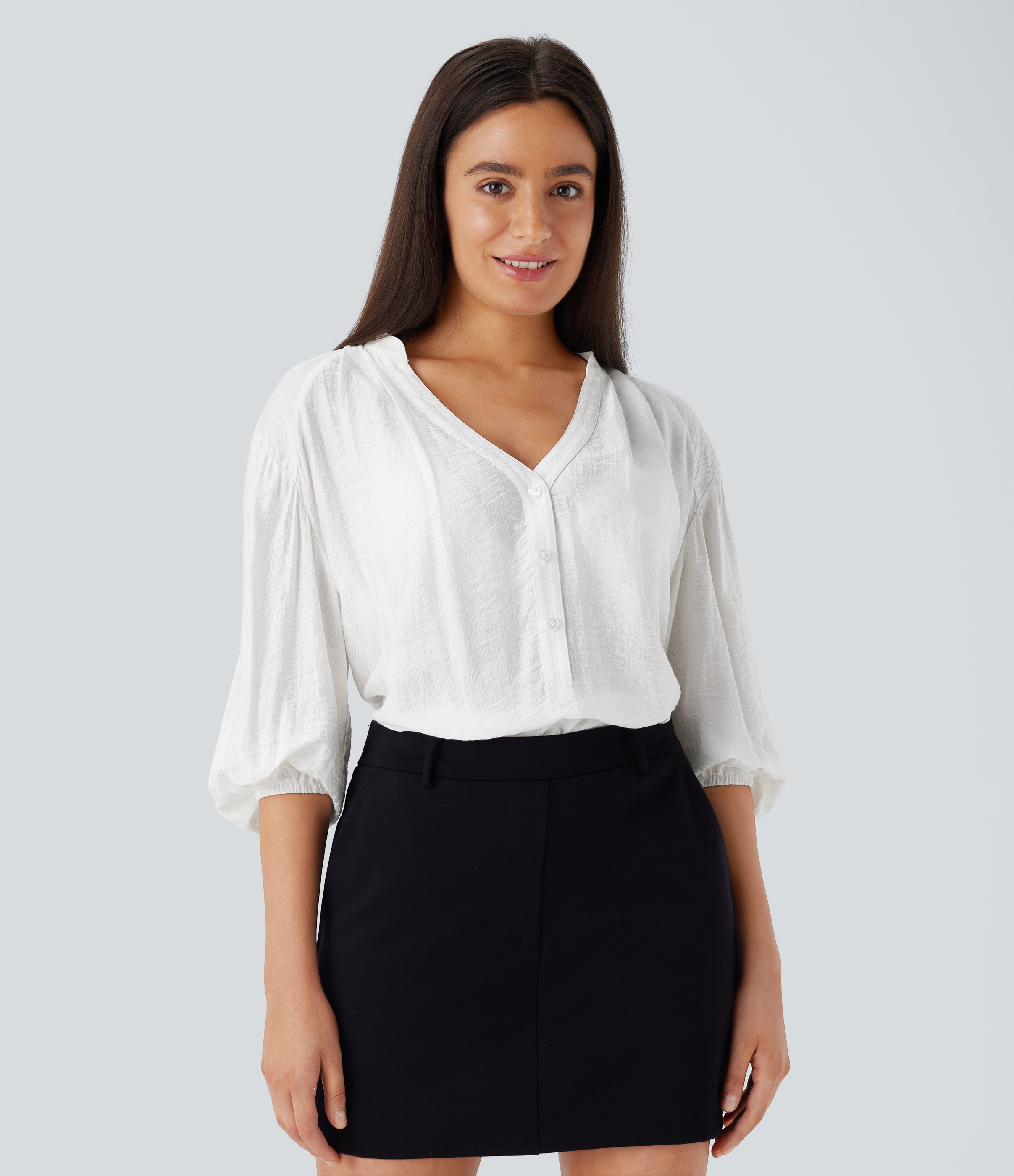 Halara V Neck Bishop Sleeve Oversize Casual Top Tank Top - White - M golf tops halter top tunic tops sleeveless tops backless top 