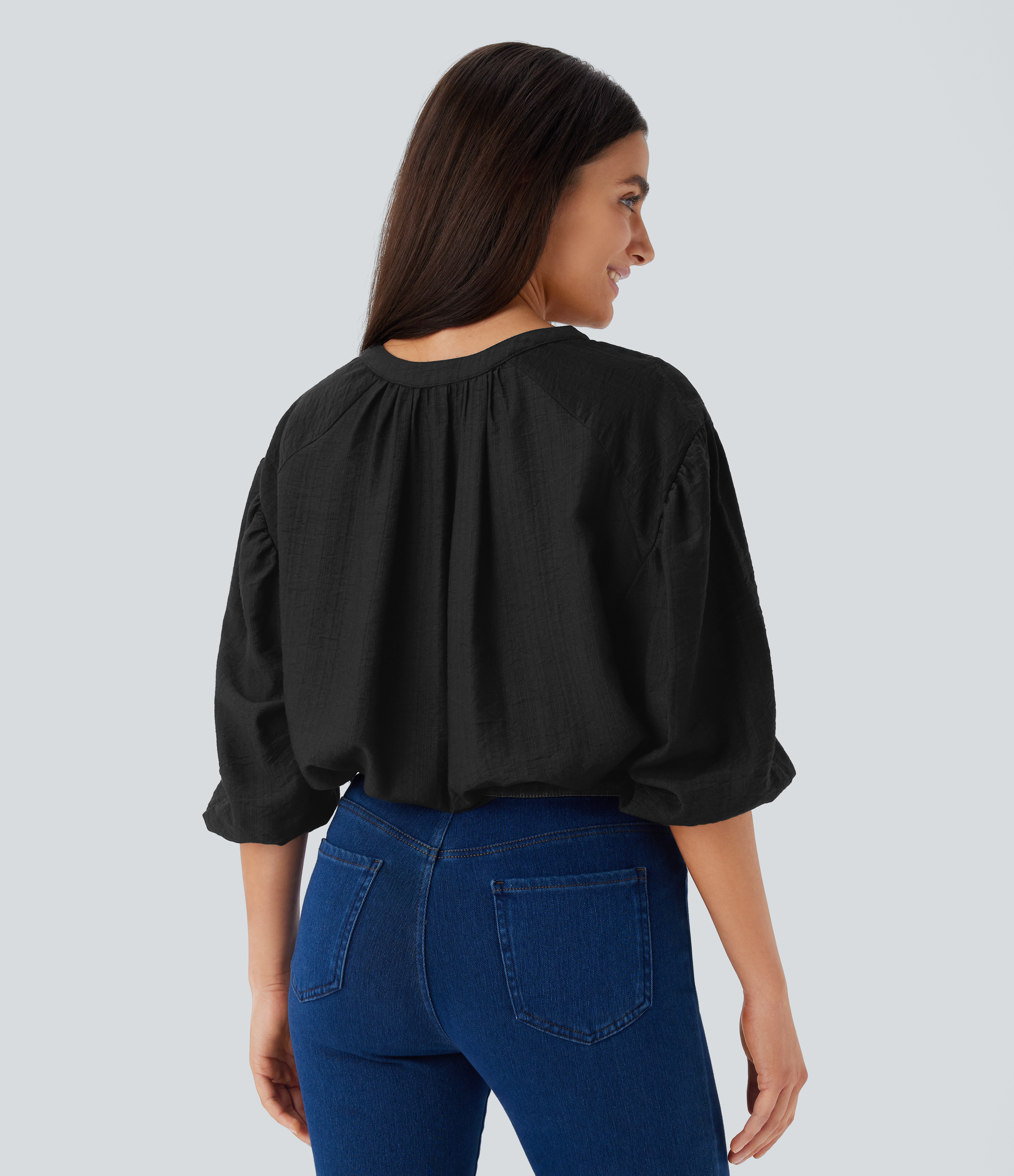 Halara V Neck Bishop Sleeve Oversize Casual Top Tank Top - Black - XL golf tops halter top tunic tops sleeveless tops backless top 