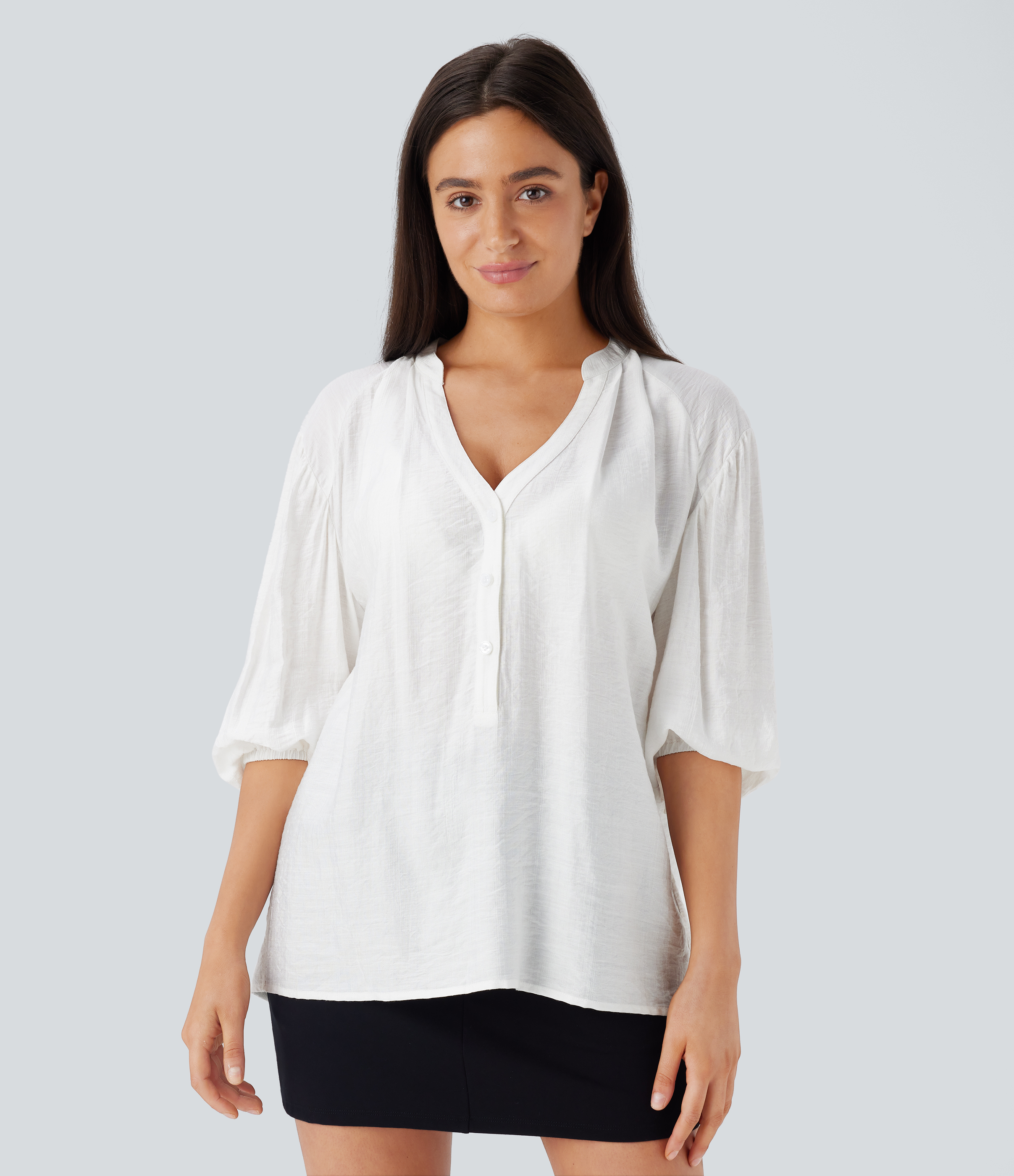 Halara V Neck Bishop Sleeve Oversize Casual Top Tank Top - White - M golf tops halter top tunic tops sleeveless tops backless top 