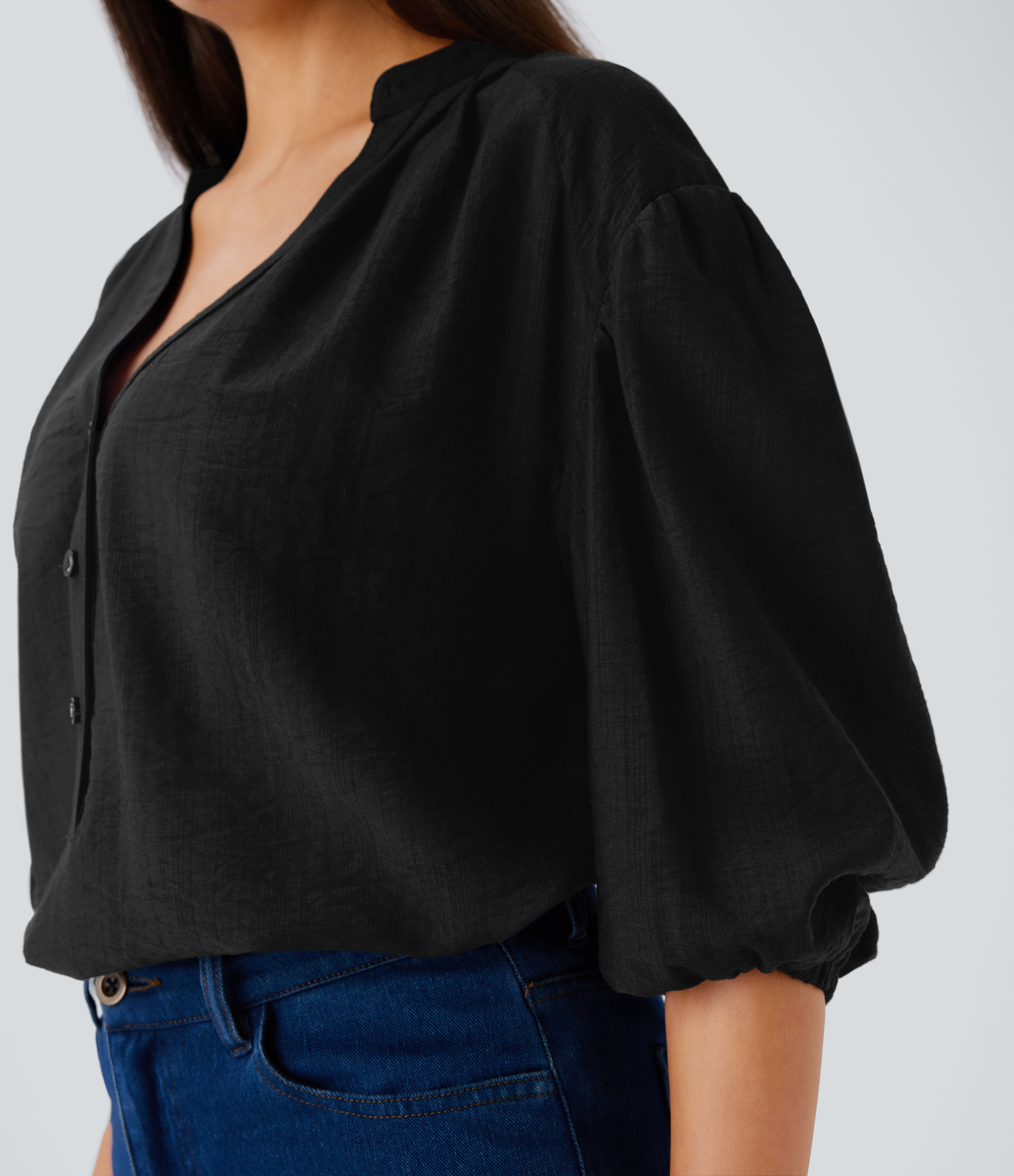 Halara V Neck Bishop Sleeve Oversize Casual Top Tank Top - Black - XL golf tops halter top tunic tops sleeveless tops backless top 
