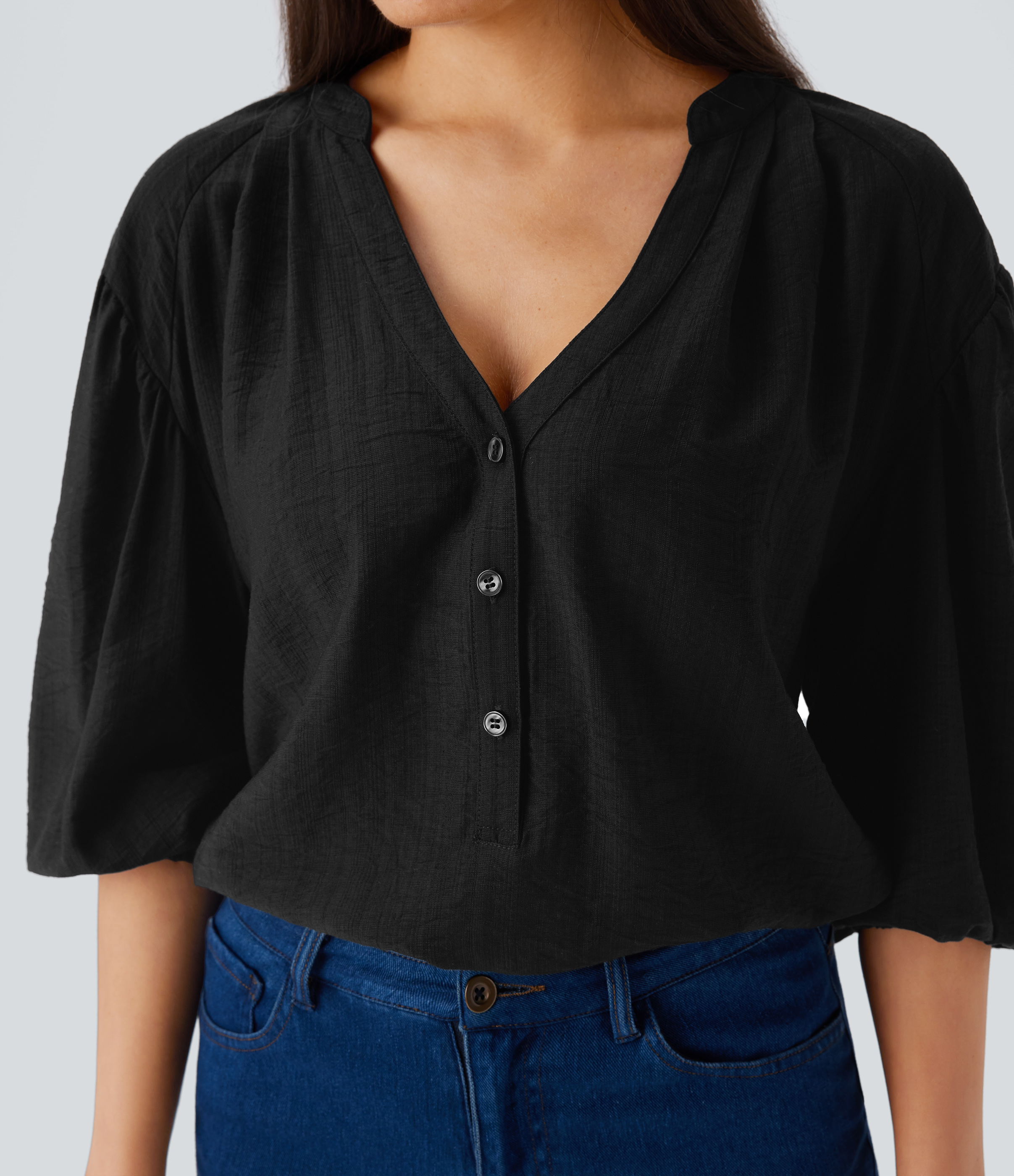 Halara V Neck Bishop Sleeve Oversize Casual Top Tank Top - Black - XL golf tops halter top tunic tops sleeveless tops backless top 