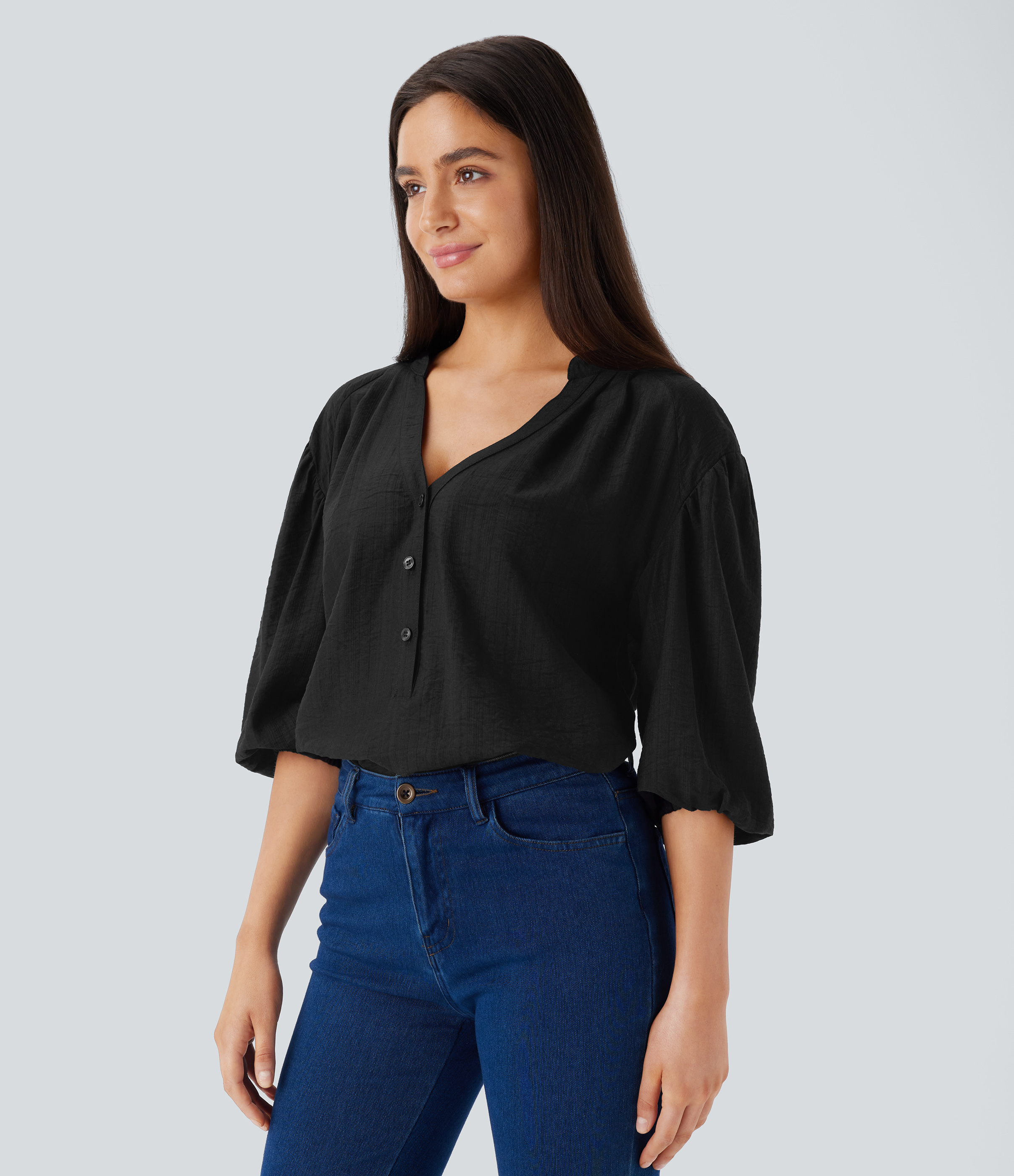 Halara V Neck Bishop Sleeve Oversize Casual Top Tank Top - Black - XL golf tops halter top tunic tops sleeveless tops backless top 