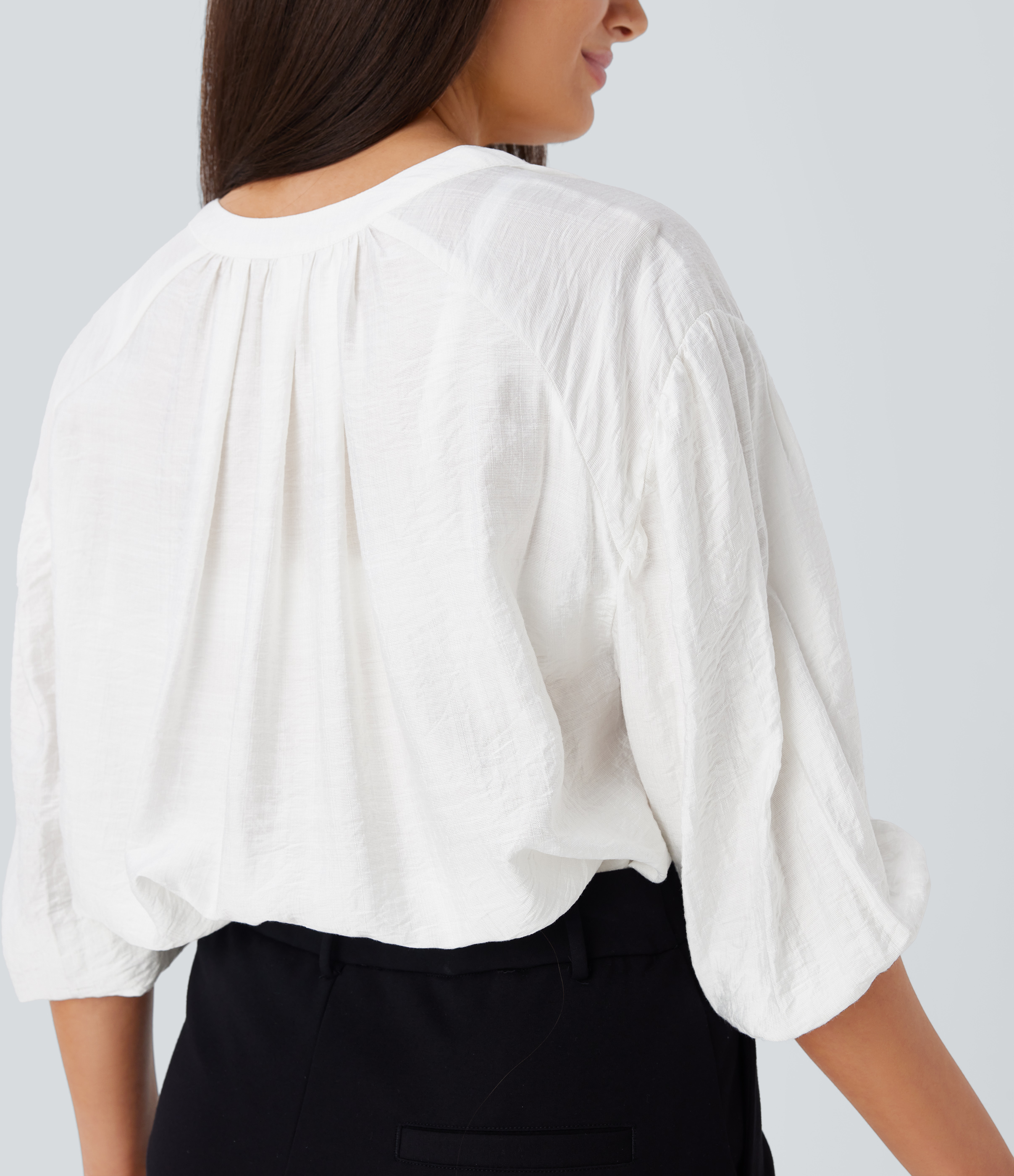 Halara V Neck Bishop Sleeve Oversize Casual Top Tank Top - White - M golf tops halter top tunic tops sleeveless tops backless top 