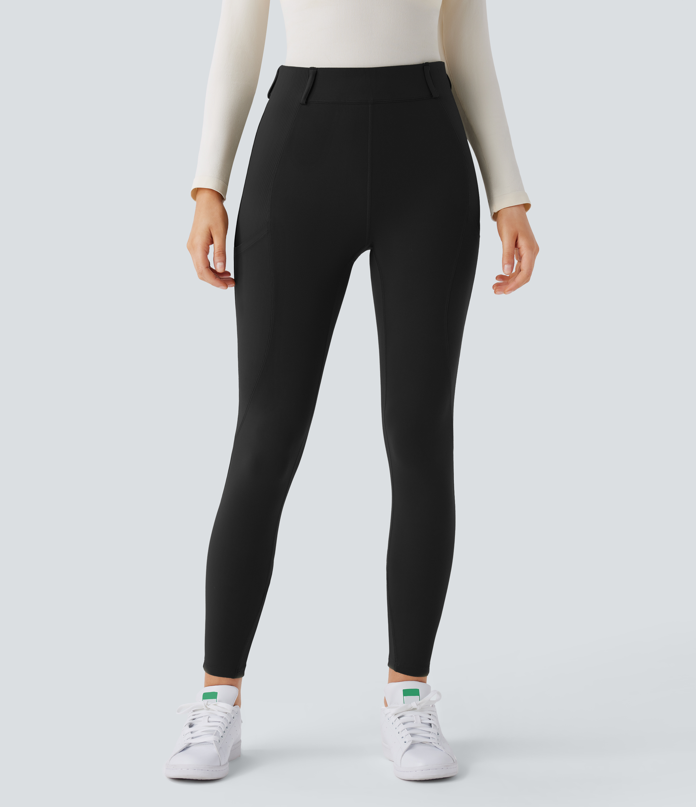 Halara Softlyzeroв„ў High Waisted Side Pocket Contrast Rib 7/8 Equestrian Horse Riding Leggings-UPF50+  - Black - XL(7/8) gym leggings 