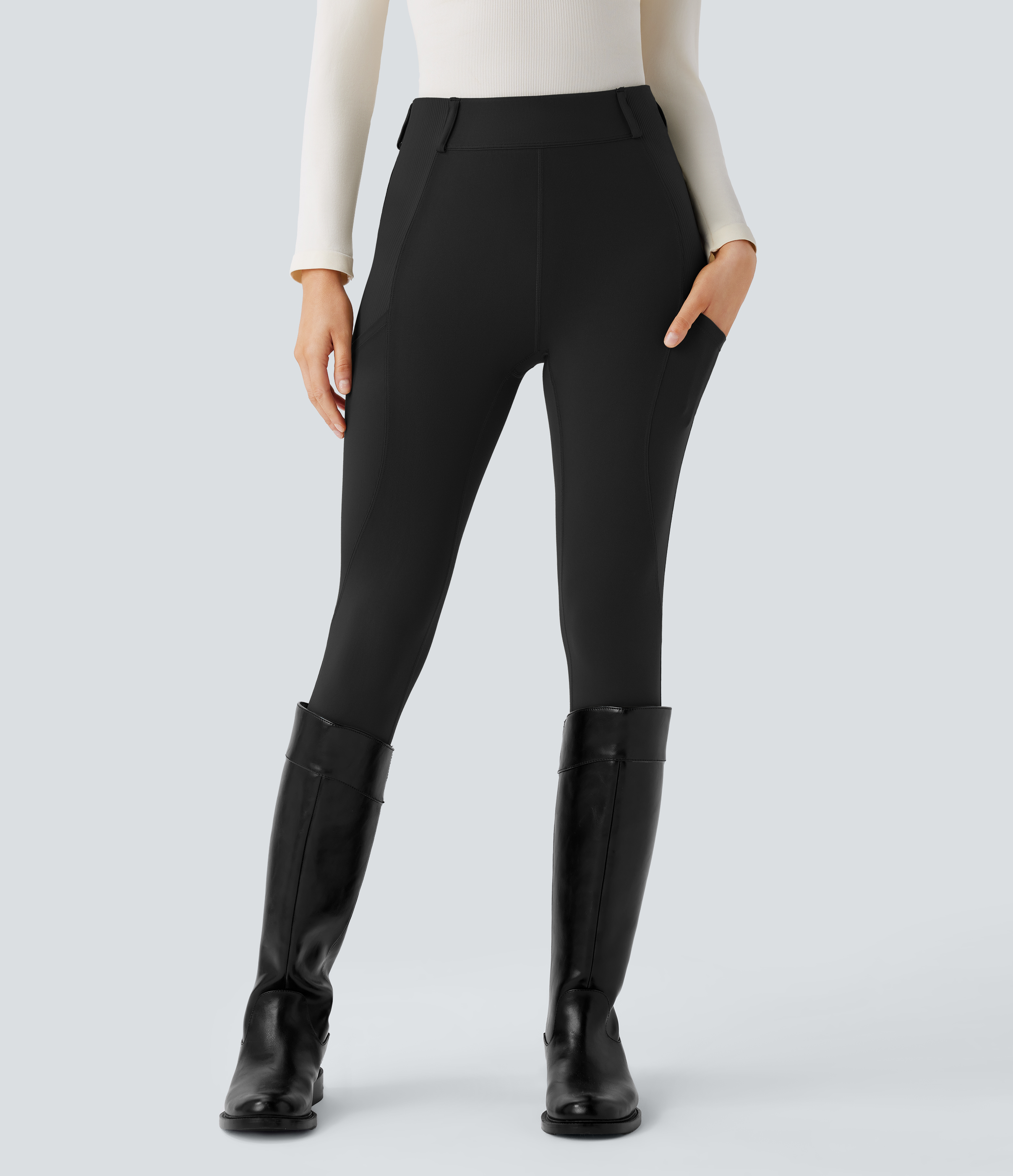 Halara Softlyzeroв„ў High Waisted Side Pocket Contrast Rib 7/8 Equestrian Horse Riding Leggings-UPF50+  - Black - XL(7/8) gym leggings 