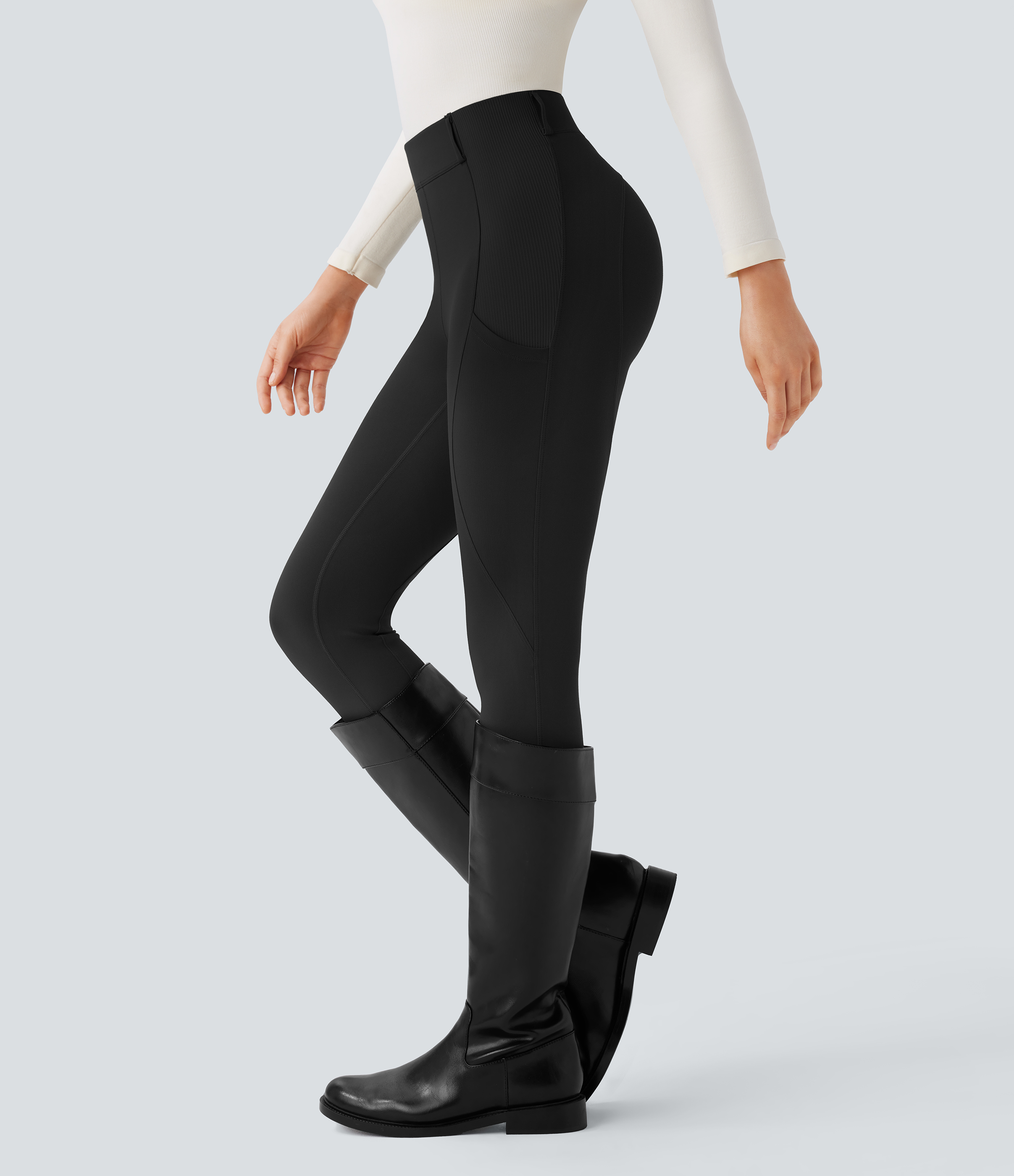 Halara Softlyzeroв„ў High Waisted Side Pocket Contrast Rib 7/8 Equestrian Horse Riding Leggings-UPF50+  - Black - XL(7/8) gym leggings 