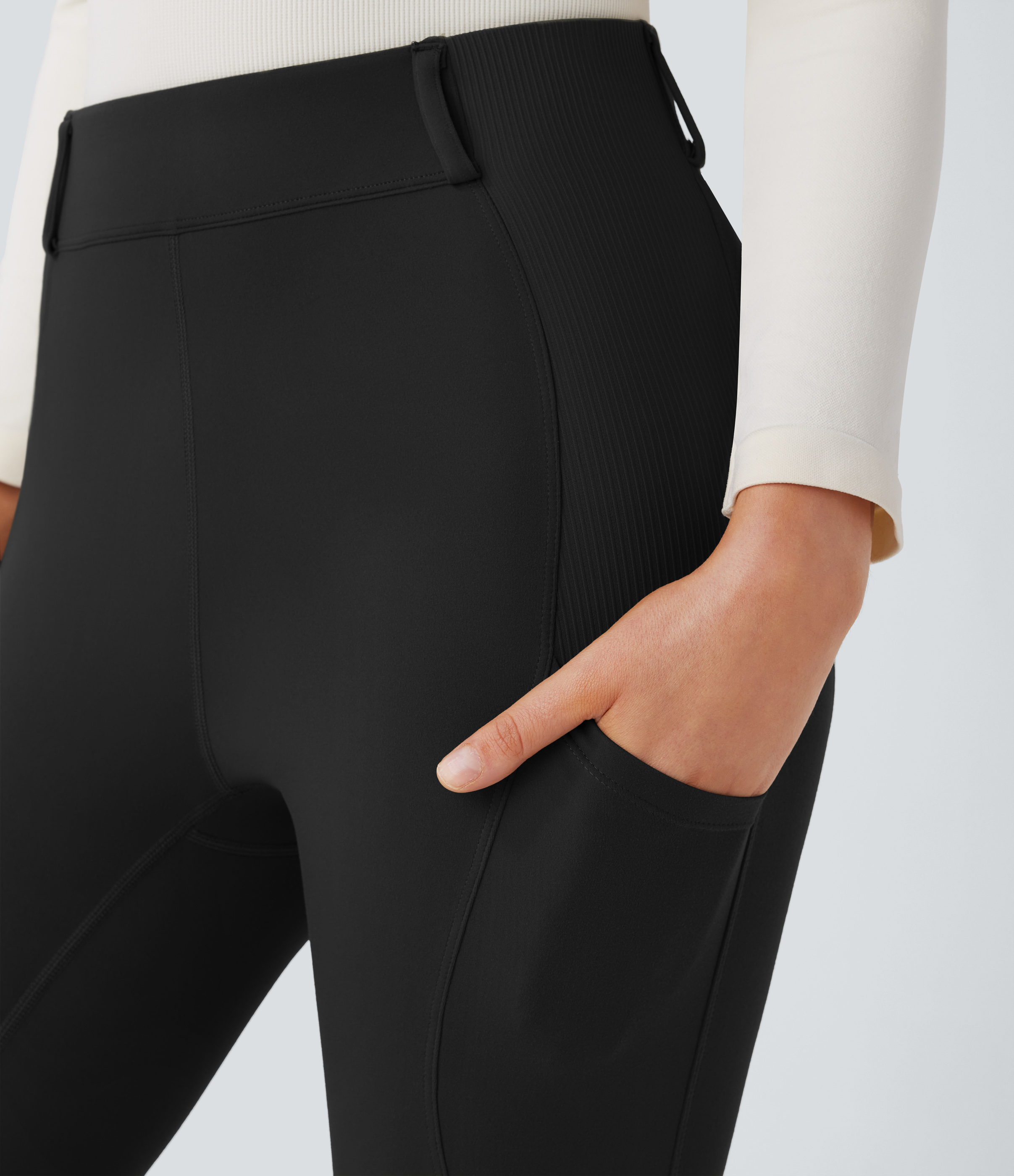 Halara Softlyzeroв„ў High Waisted Side Pocket Contrast Rib 7/8 Equestrian Horse Riding Leggings-UPF50+  - Black - XL(7/8) gym leggings 