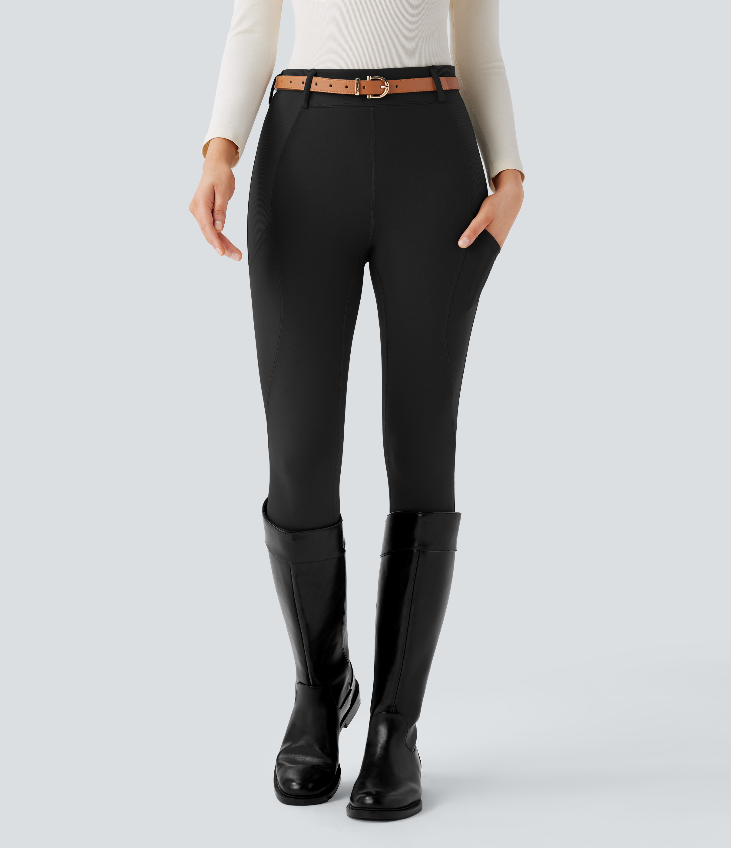 Halara Softlyzeroв„ў High Waisted Side Pocket Contrast Rib 7/8 Equestrian Horse Riding Leggings-UPF50+  - Black - XL(7/8) gym leggings 