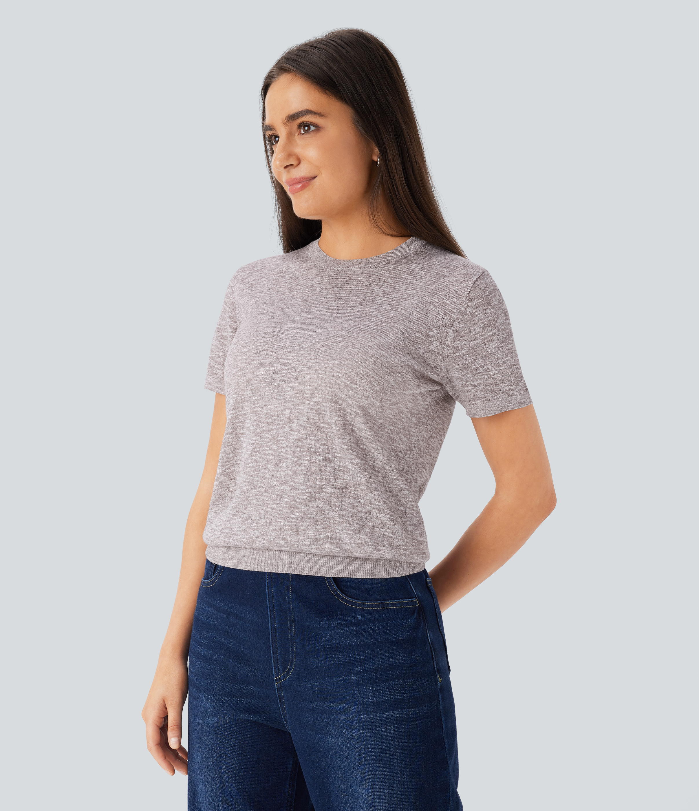 Halara Round Neck Short Sleeve Basic Casual Sweater  - Cloud Gray - XS 