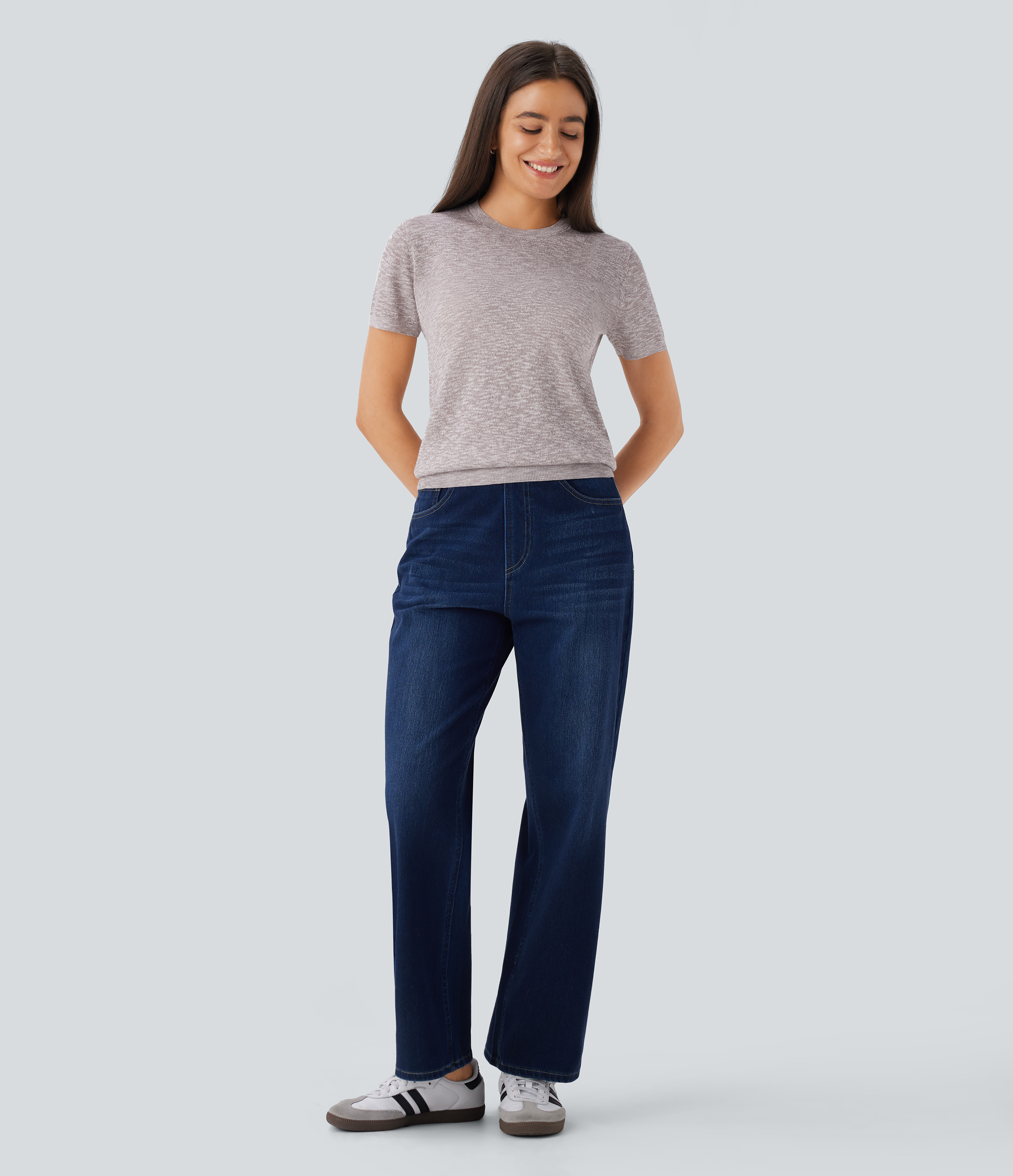 Halara Round Neck Short Sleeve Basic Casual Sweater  - Cloud Gray - XS 