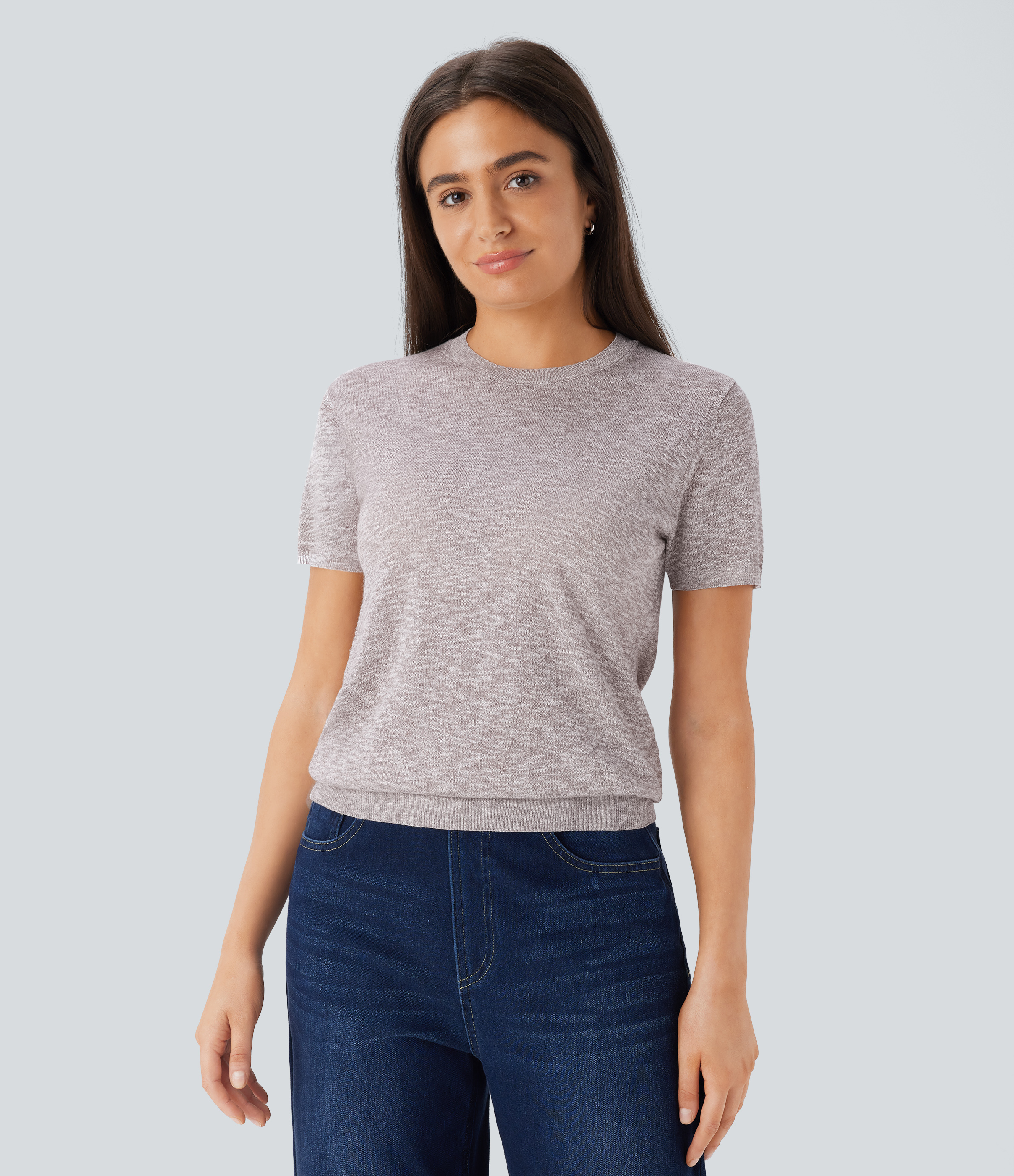 Halara Round Neck Short Sleeve Basic Casual Sweater  - Cloud Gray - XS 