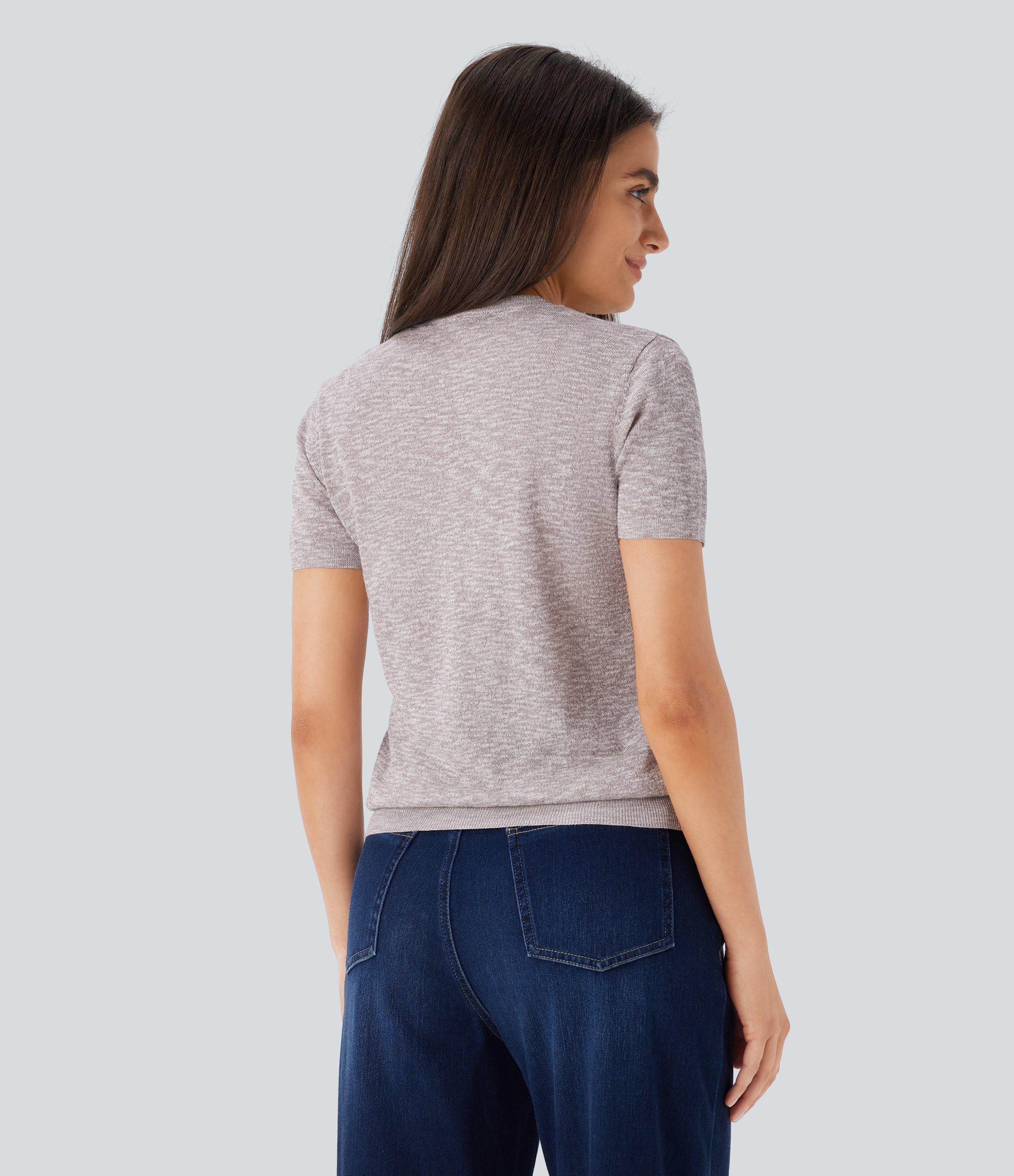 Halara Round Neck Short Sleeve Basic Casual Sweater  - Cloud Gray - XS 