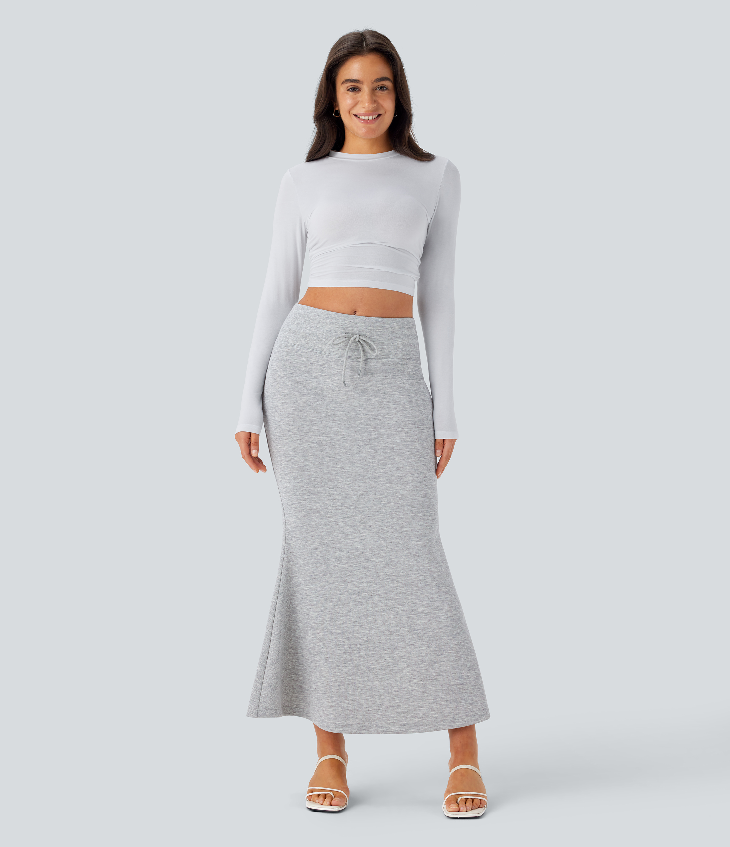 Halara SoCinched Mid Rise Tummy Control Drawstring Bodycon Maxi Casual Mermaid Skirt  - Fog Gray - M(regular) 