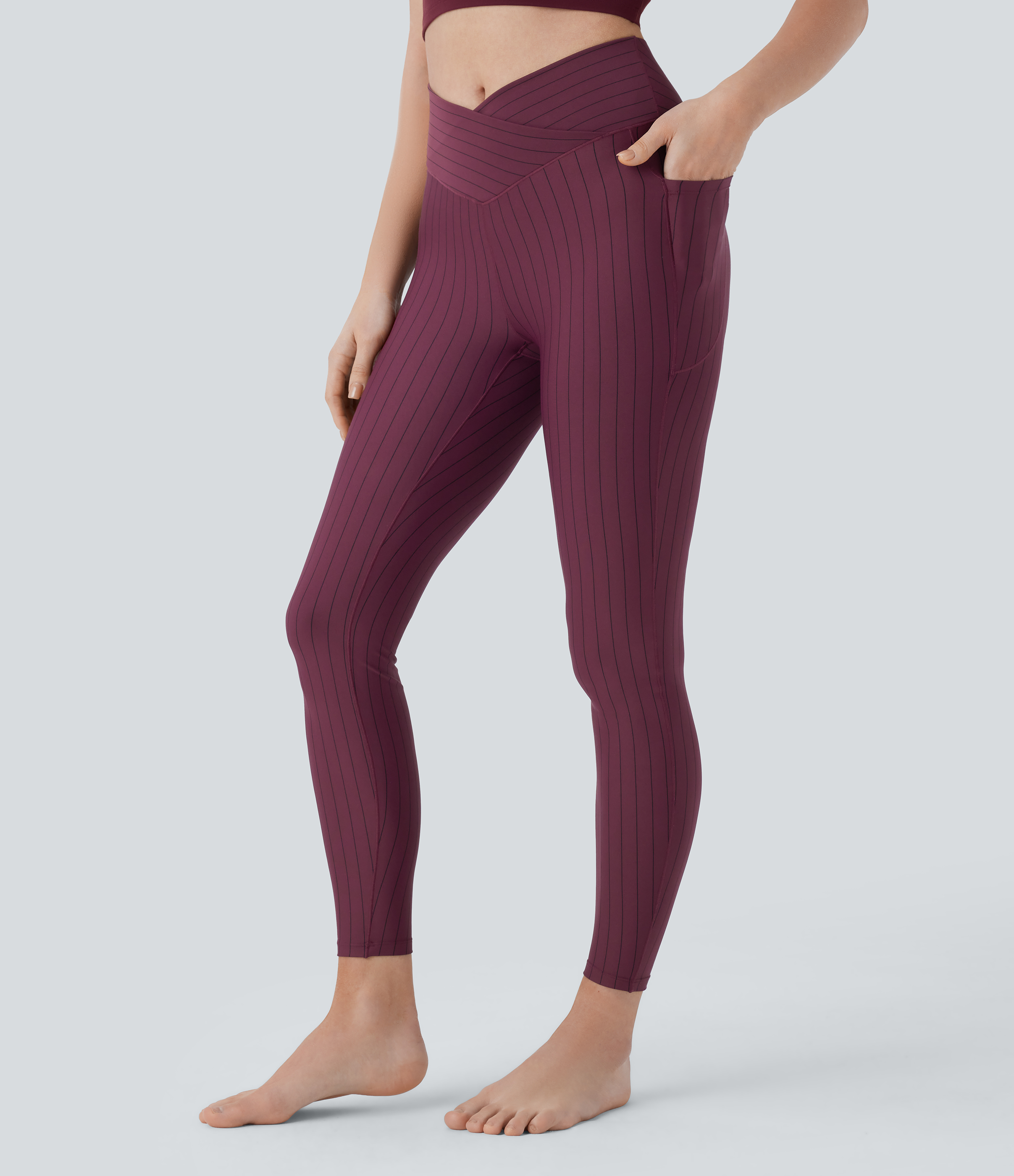 Halara Crossover High Waisted Side Pocket Stripe 7/8 Cool Touch Yoga Leggings  - Wine Red and Black Stripe - XL(7/8) gym leggings 
