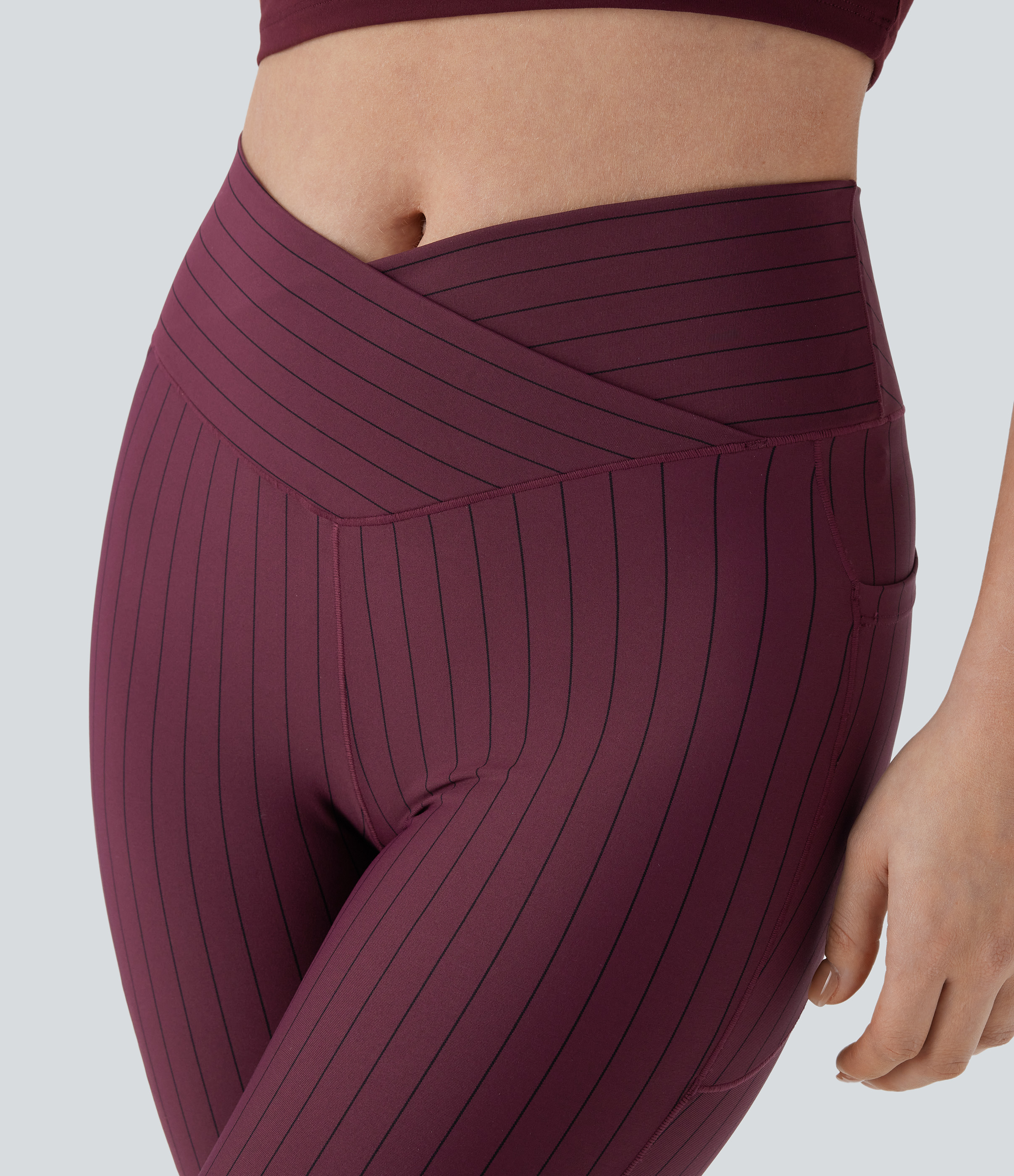Halara Crossover High Waisted Side Pocket Stripe 7/8 Cool Touch Yoga Leggings  - Wine Red and Black Stripe - XL(7/8) gym leggings 