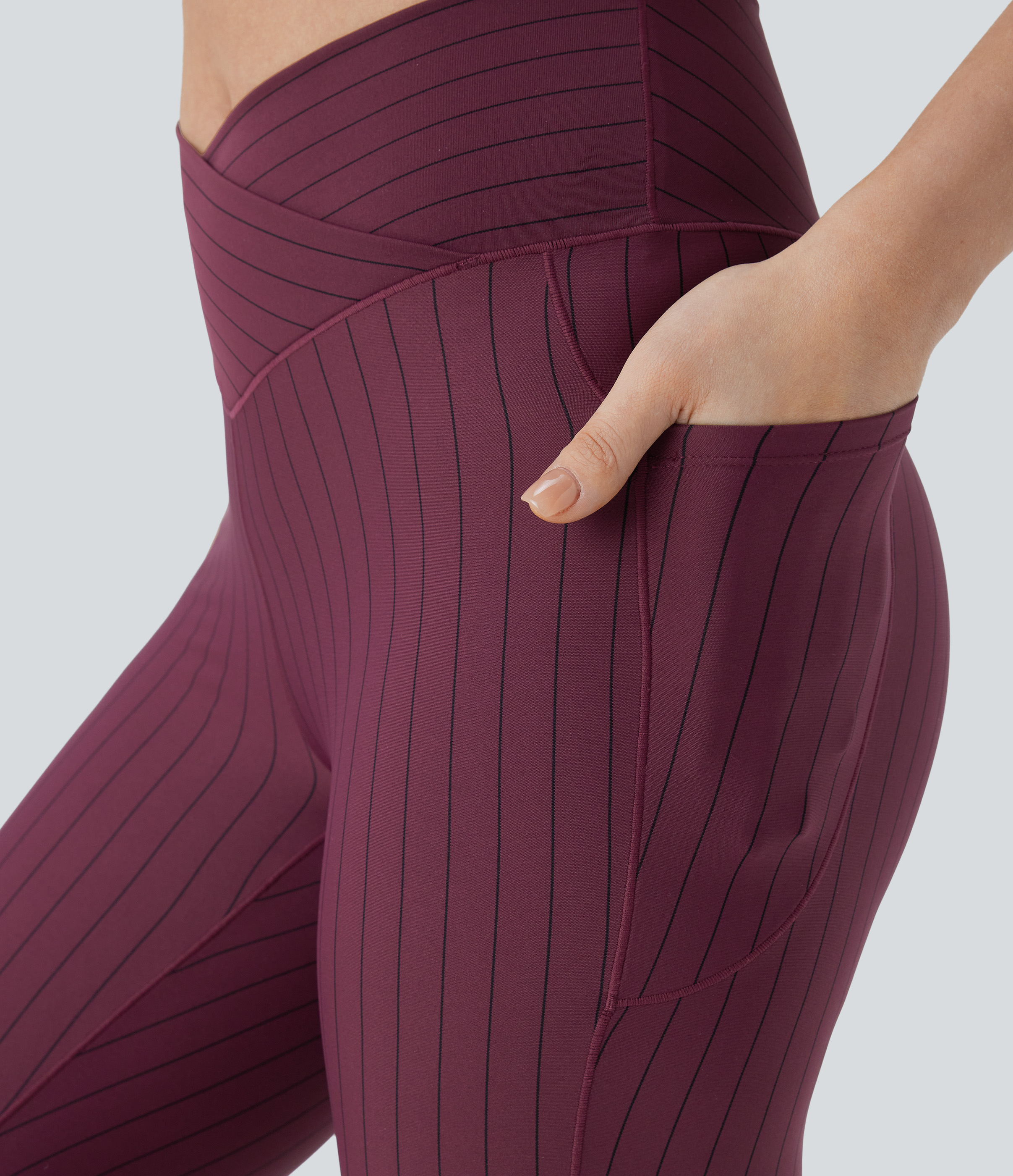 Halara Crossover High Waisted Side Pocket Stripe 7/8 Cool Touch Yoga Leggings  - Wine Red and Black Stripe - XL(7/8) gym leggings 