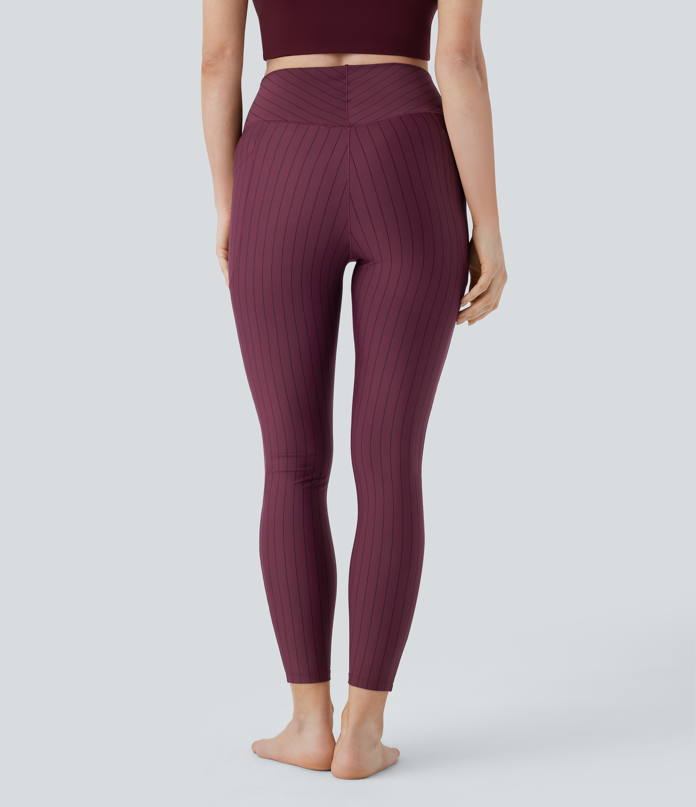 Halara Crossover High Waisted Side Pocket Stripe 7/8 Cool Touch Yoga Leggings  - Wine Red and Black Stripe - XL(7/8) gym leggings 