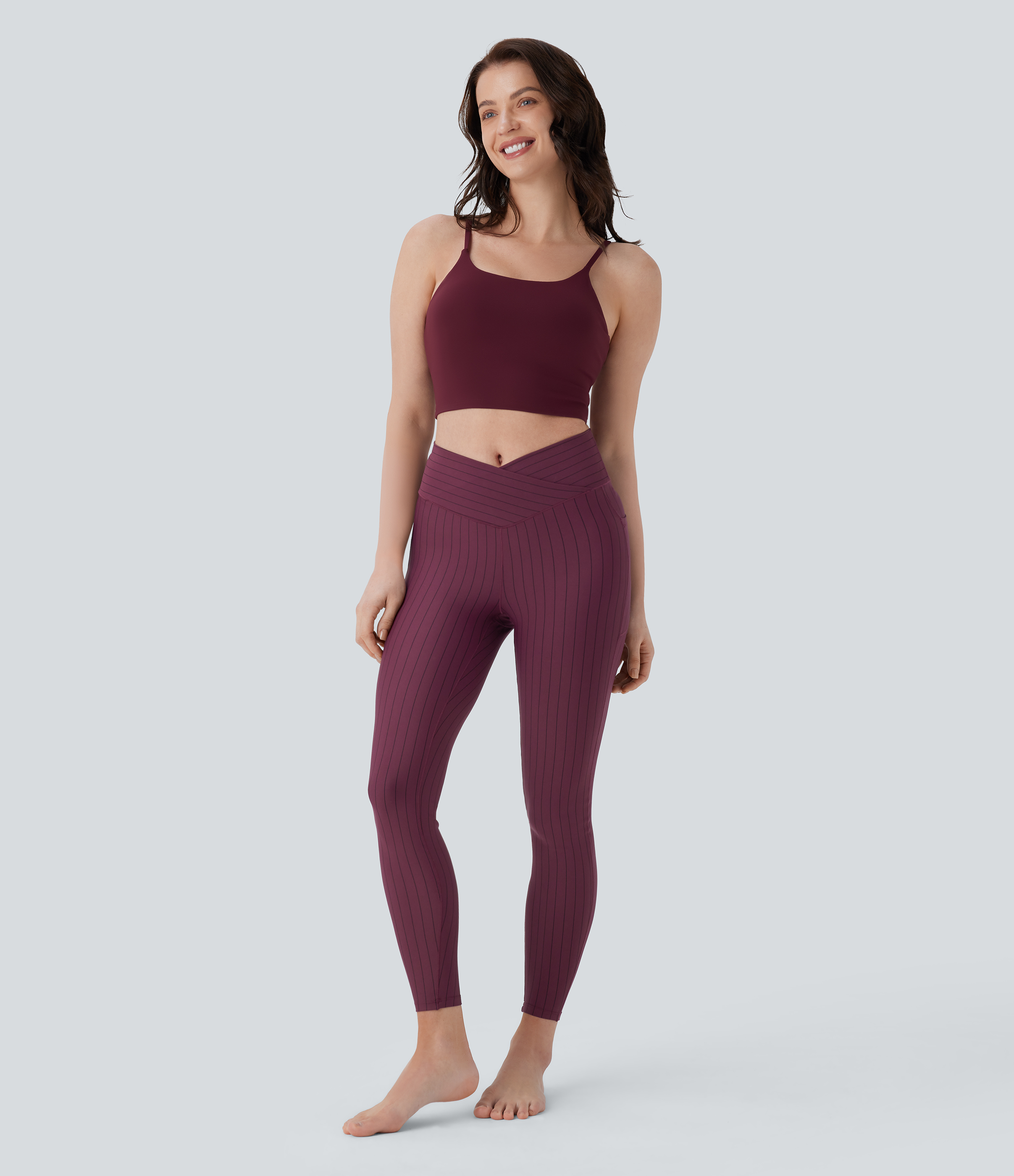 Halara Crossover High Waisted Side Pocket Stripe 7/8 Cool Touch Yoga Leggings  - Wine Red and Black Stripe - XL(7/8) gym leggings 