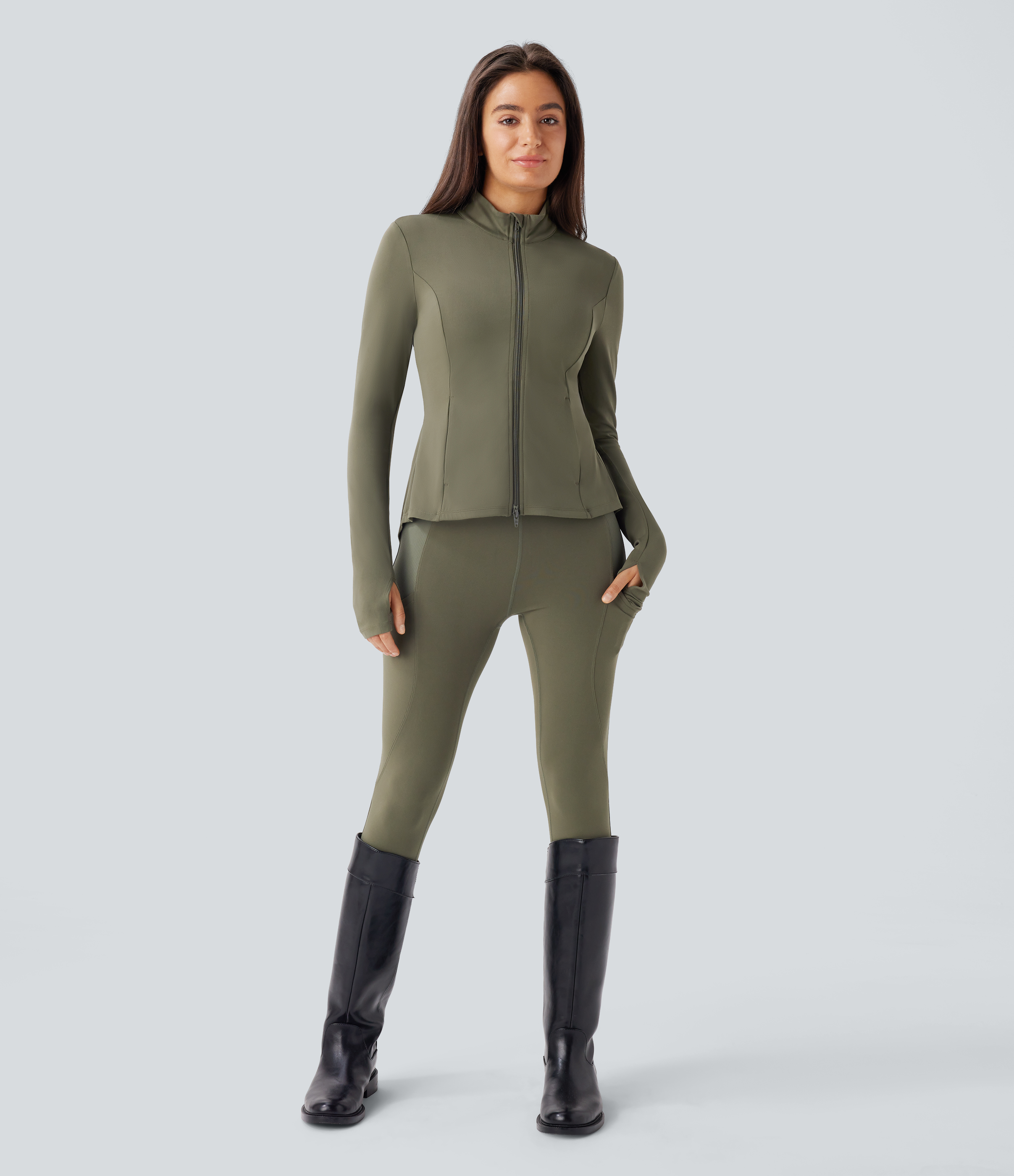 Halara Softlyzeroв„ў Stand Collar Thumb Hole Pockets Pleated Zipper Slim Equestrian Horse Riding Jacket-UPF50+  - Grass Grey Green - L 