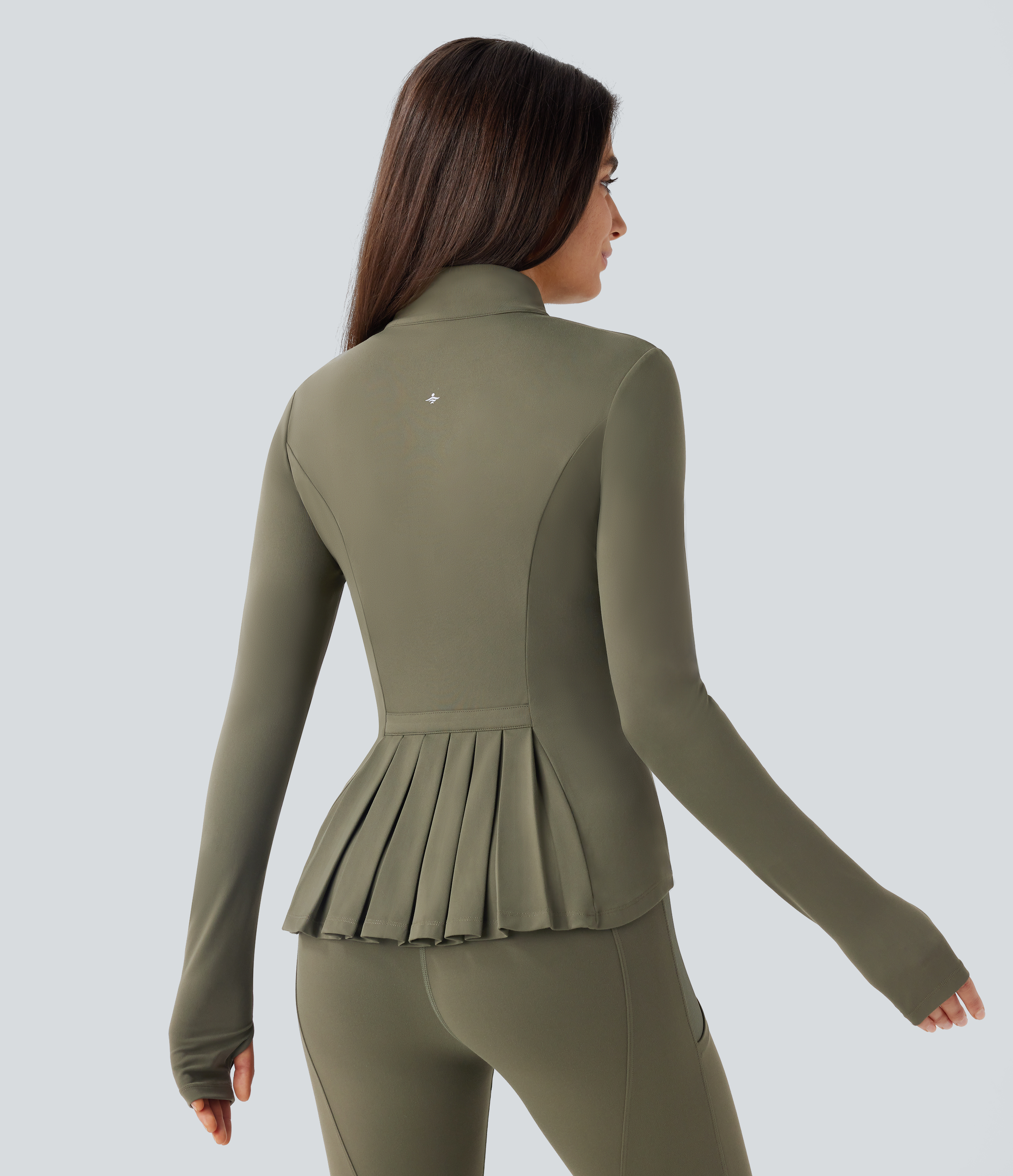 Halara Softlyzeroв„ў Stand Collar Thumb Hole Pockets Pleated Zipper Slim Equestrian Horse Riding Jacket-UPF50+  - Grass Grey Green - L 