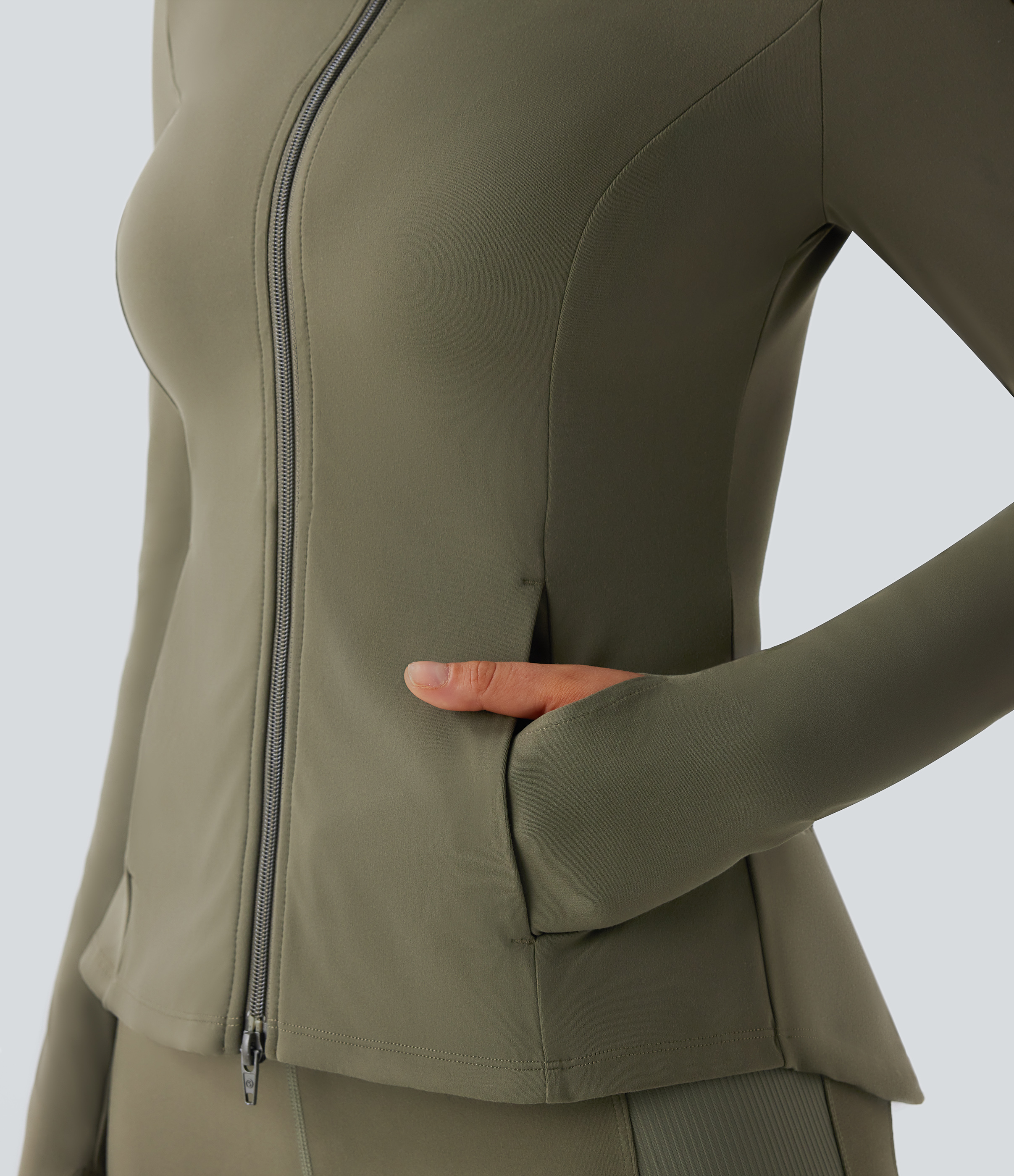 Halara Softlyzeroв„ў Stand Collar Thumb Hole Pockets Pleated Zipper Slim Equestrian Horse Riding Jacket-UPF50+  - Grass Grey Green - L 