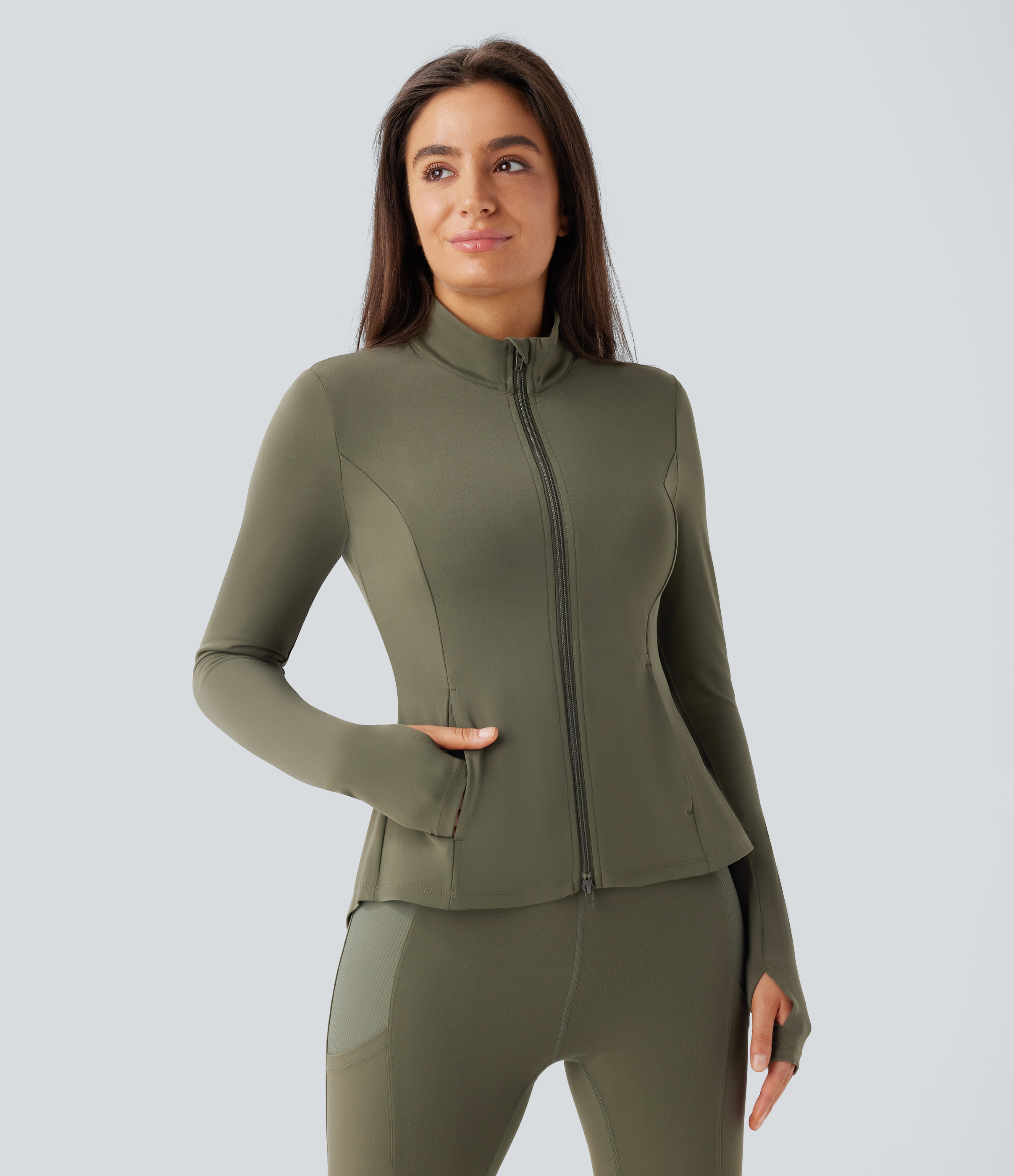 Halara Softlyzeroв„ў Stand Collar Thumb Hole Pockets Pleated Zipper Slim Equestrian Horse Riding Jacket-UPF50+  - Grass Grey Green - L 