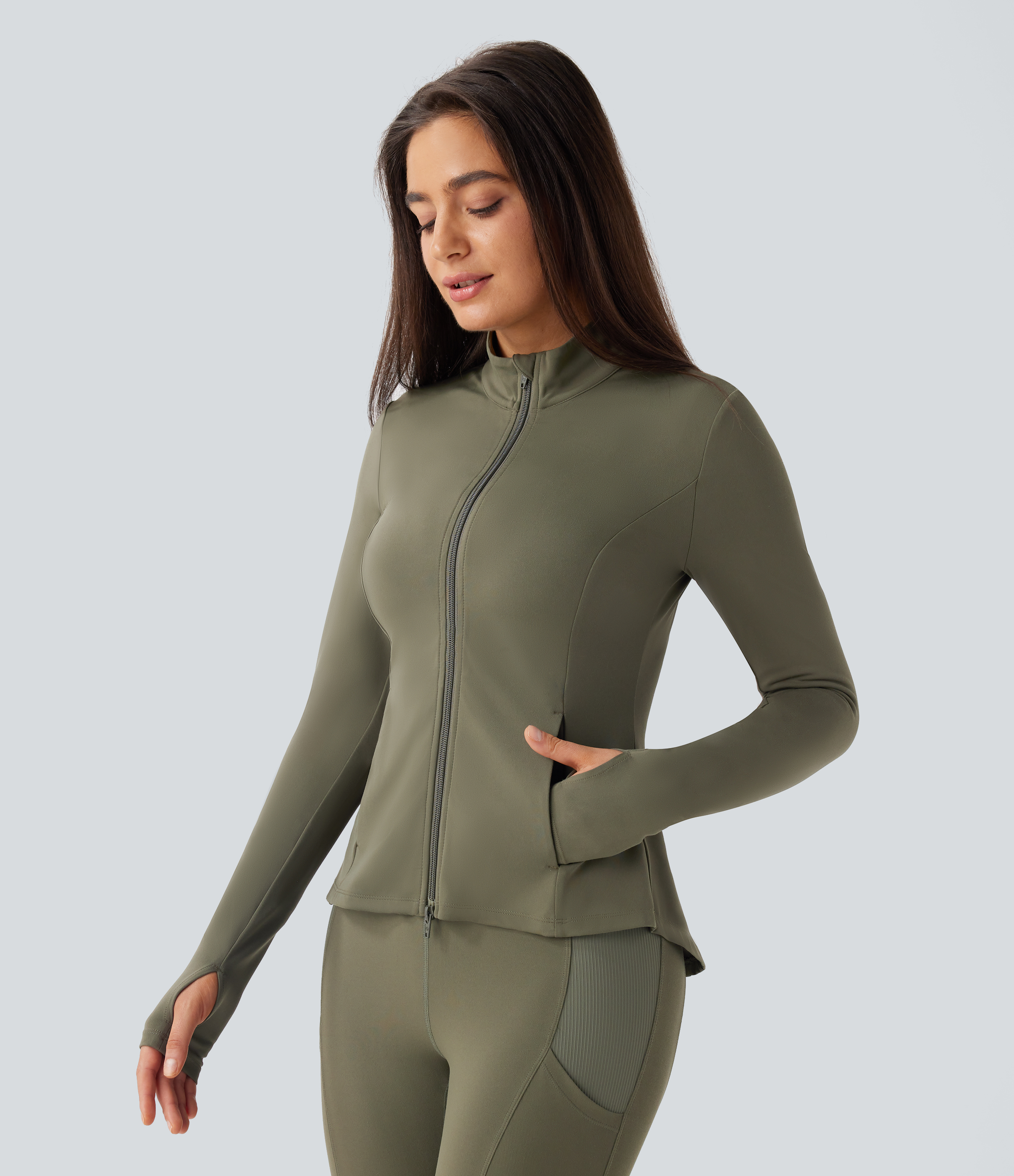 Halara Softlyzeroв„ў Stand Collar Thumb Hole Pockets Pleated Zipper Slim Equestrian Horse Riding Jacket-UPF50+  - Grass Grey Green - L 