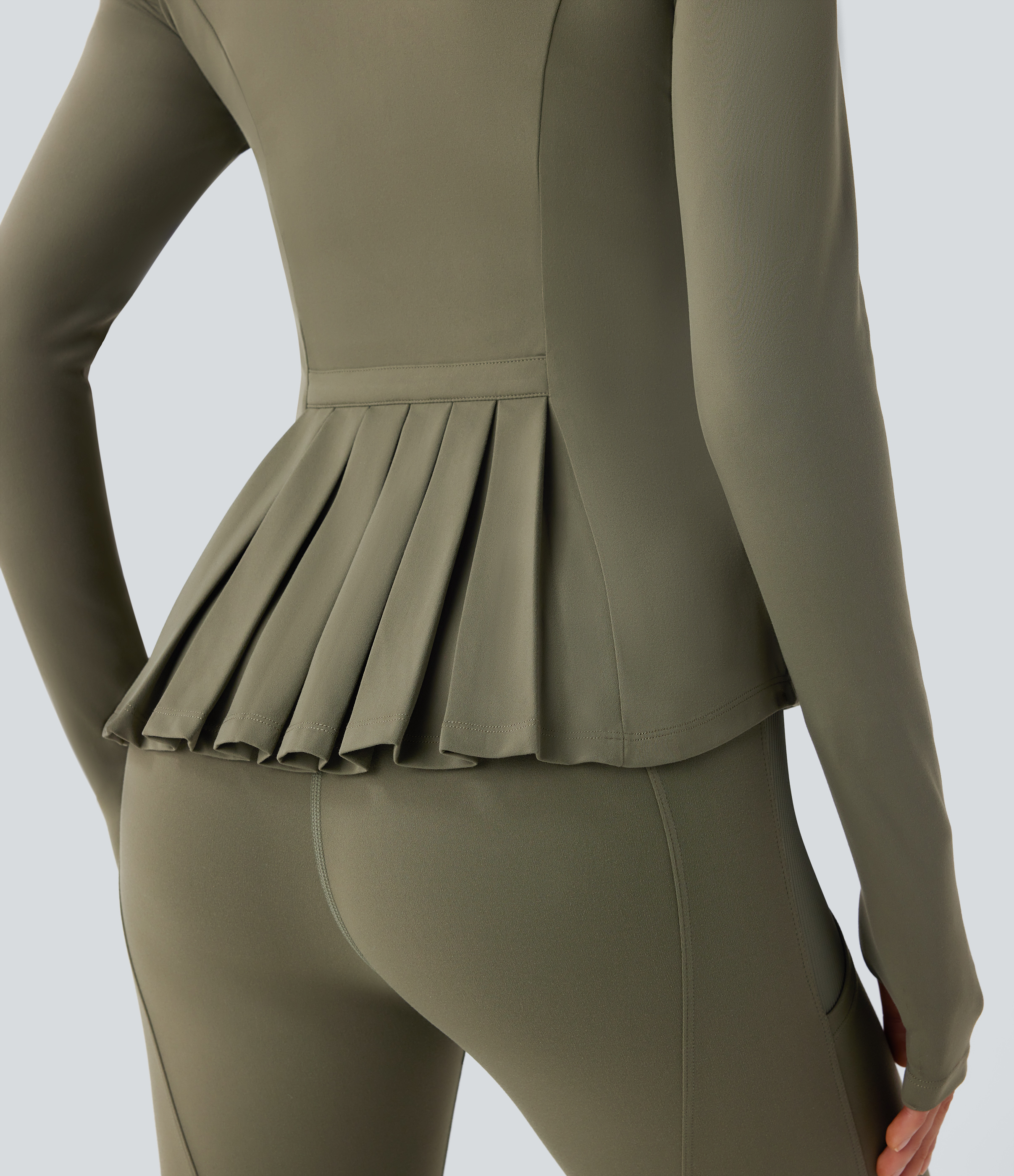 Halara Softlyzeroв„ў Stand Collar Thumb Hole Pockets Pleated Zipper Slim Equestrian Horse Riding Jacket-UPF50+  - Grass Grey Green - L 