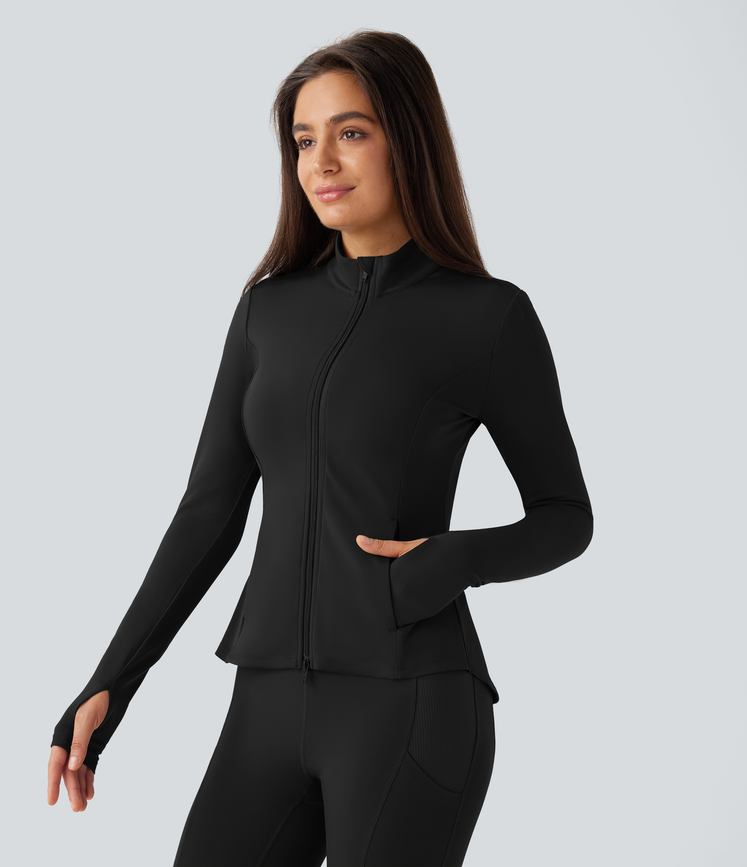 Halara Softlyzeroв„ў Stand Collar Thumb Hole Pockets Pleated Zipper Slim Equestrian Horse Riding Jacket-UPF50+  - Black - S 