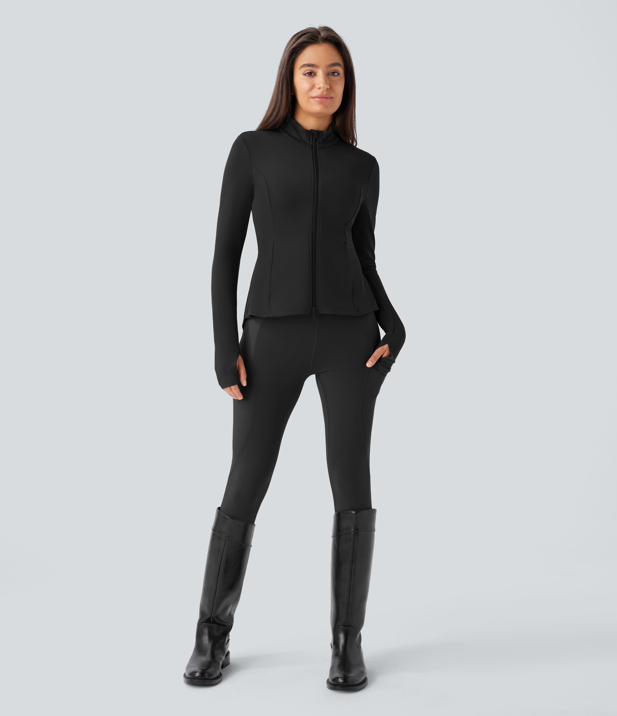Halara Softlyzeroв„ў Stand Collar Thumb Hole Pockets Pleated Zipper Slim Equestrian Horse Riding Jacket-UPF50+  - Black - S 