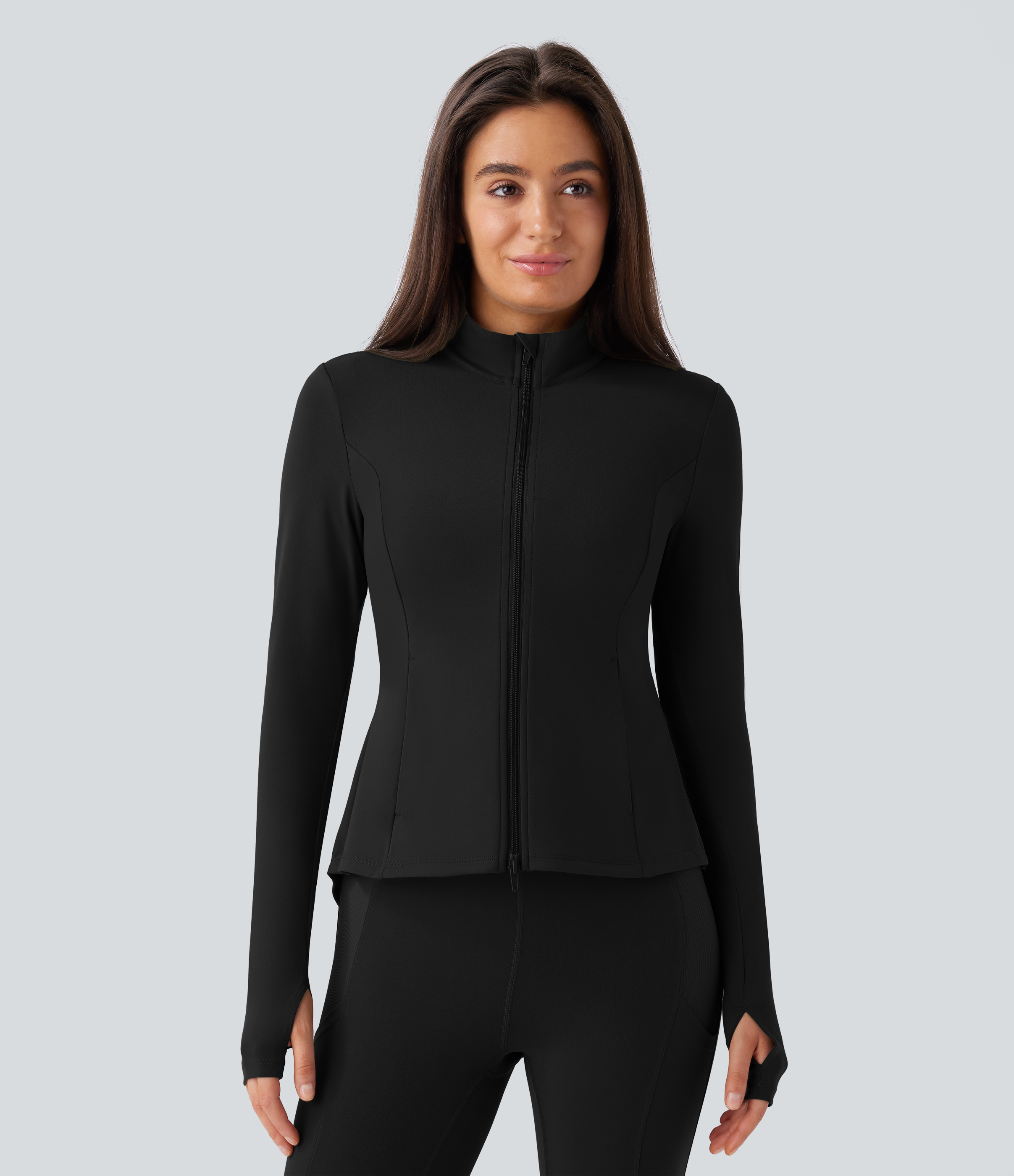 Halara Softlyzeroв„ў Stand Collar Thumb Hole Pockets Pleated Zipper Slim Equestrian Horse Riding Jacket-UPF50+  - Black - S 