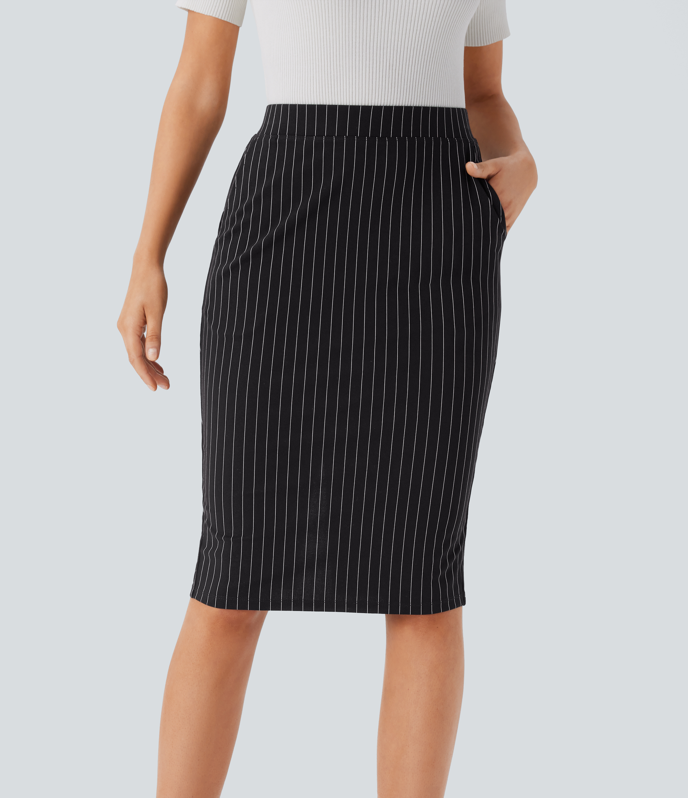 Halara High Waisted Side Pocket Split Hem Cool Touch Stripe Bodycon Work Skirt  - Black White Pinstripe - XL(regular) 