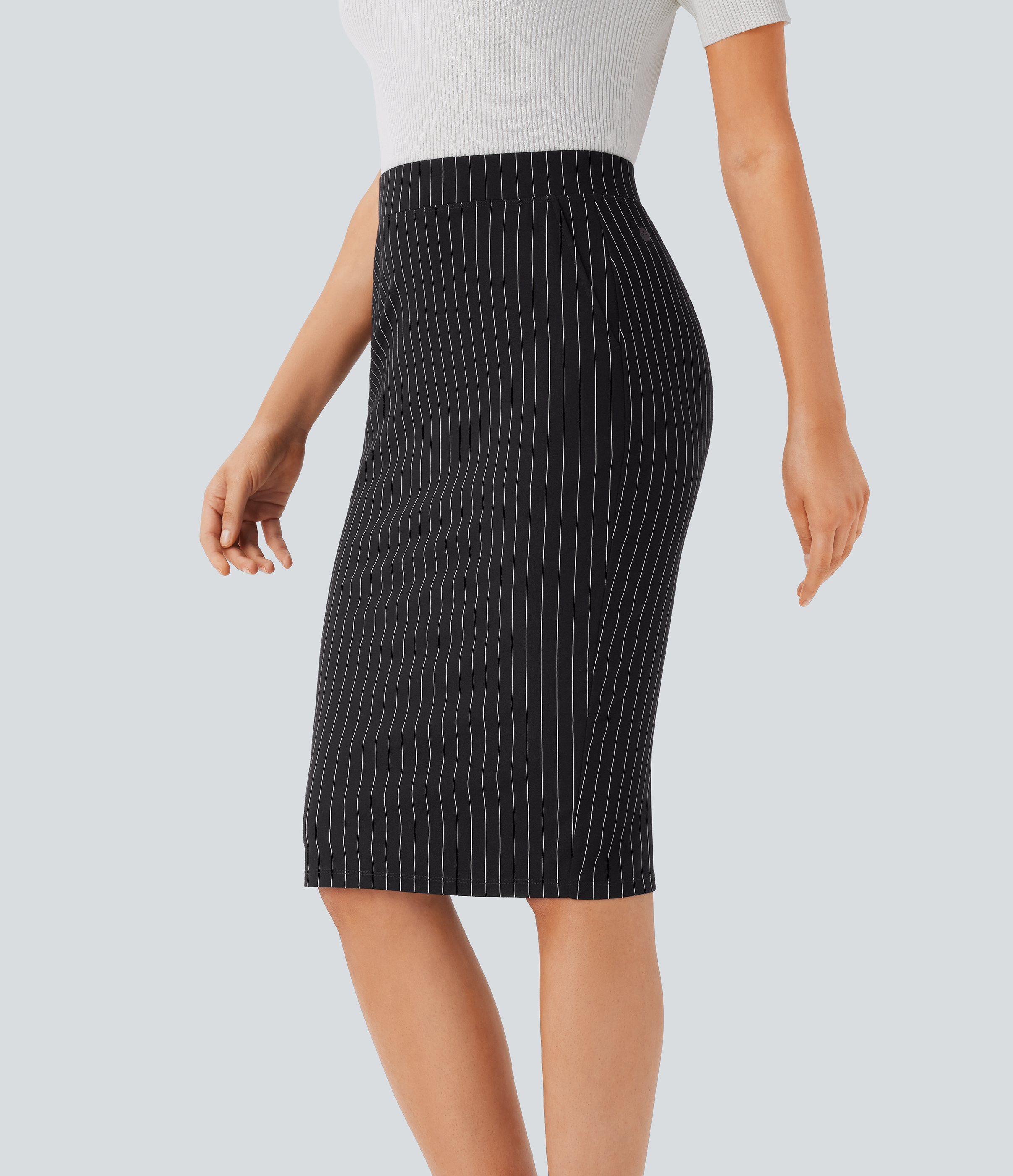 Halara High Waisted Side Pocket Split Hem Cool Touch Stripe Bodycon Work Skirt  - Black White Pinstripe - XL(regular) 