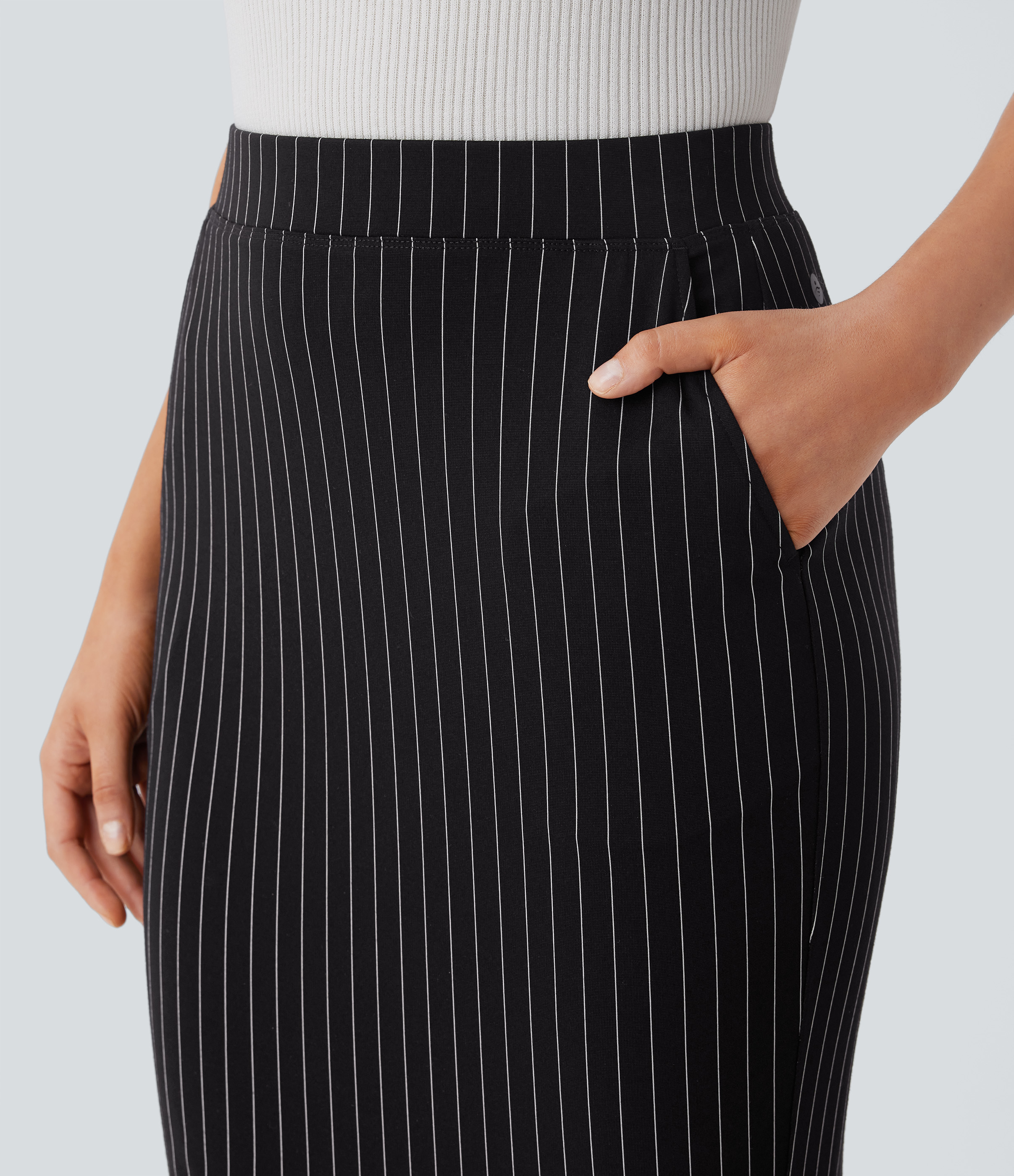 Halara High Waisted Side Pocket Split Hem Cool Touch Stripe Bodycon Work Skirt  - Black White Pinstripe - XL(regular) 