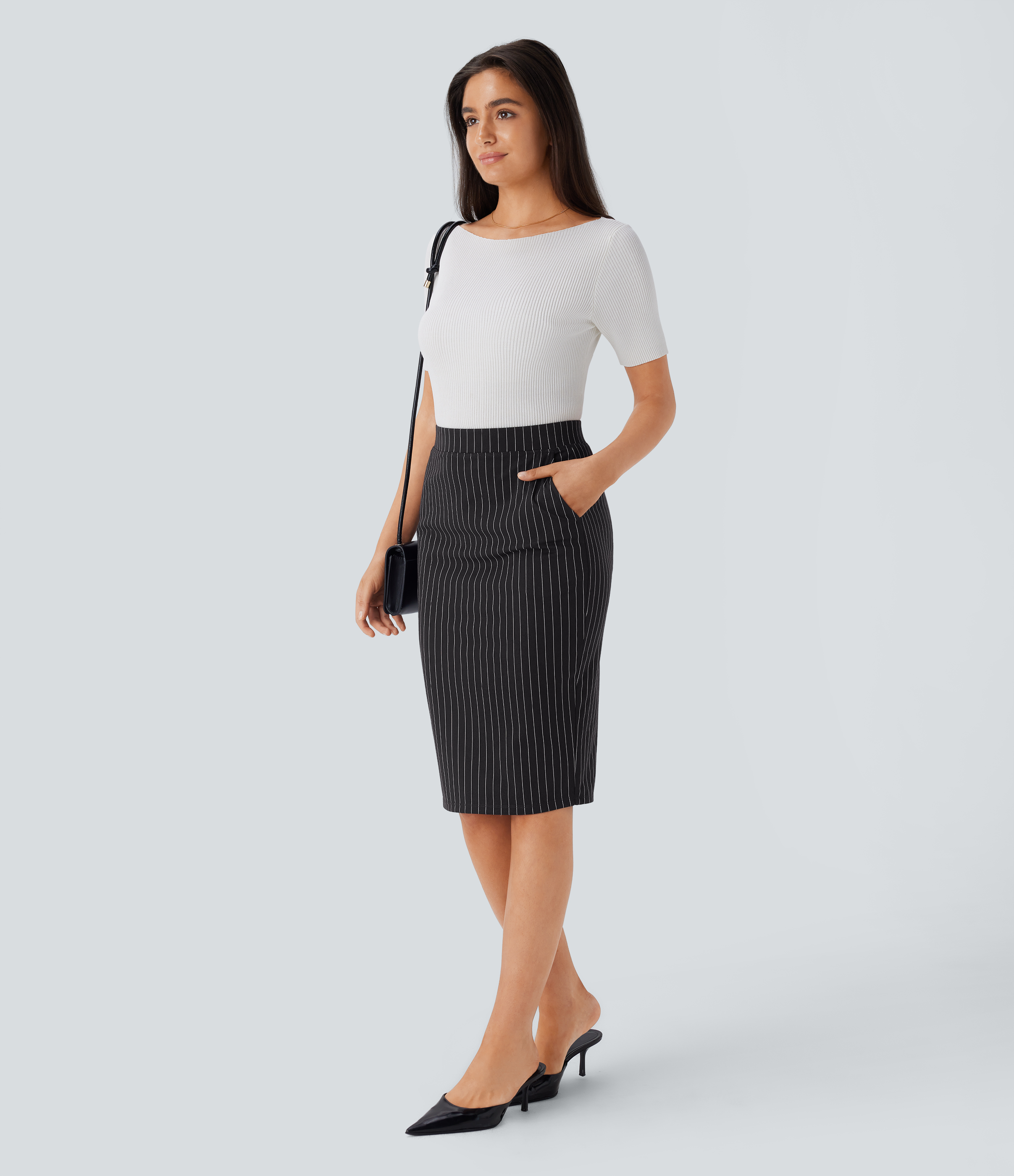 Halara High Waisted Side Pocket Split Hem Cool Touch Stripe Bodycon Work Skirt  - Black White Pinstripe - XL(regular) 