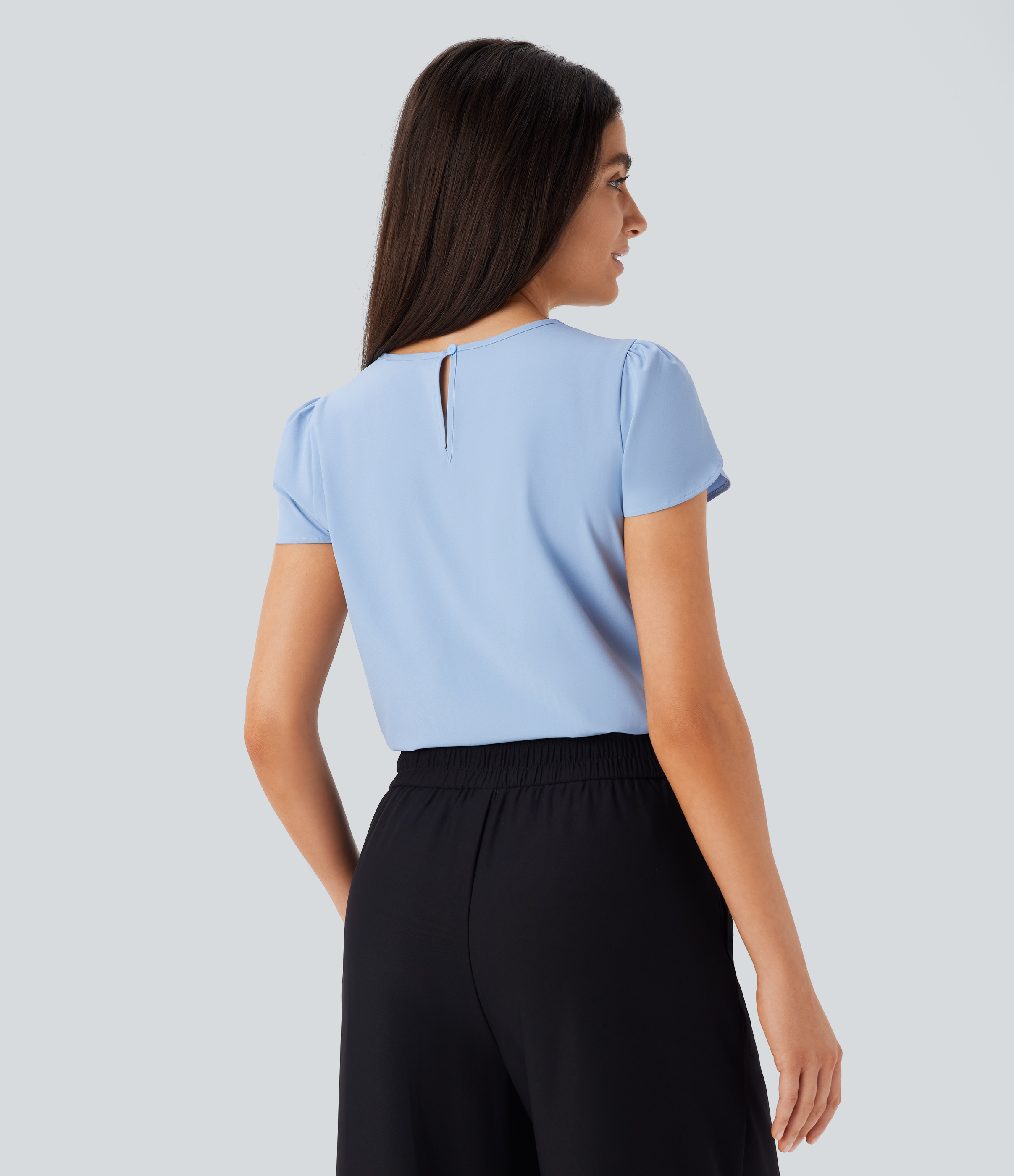 Halara Breezefulв„ў Round Neck Short Sleeve Keyhole Back Quick Dry Work Top Tank Top - Ballad Blue - S golf tops halter top tunic tops 