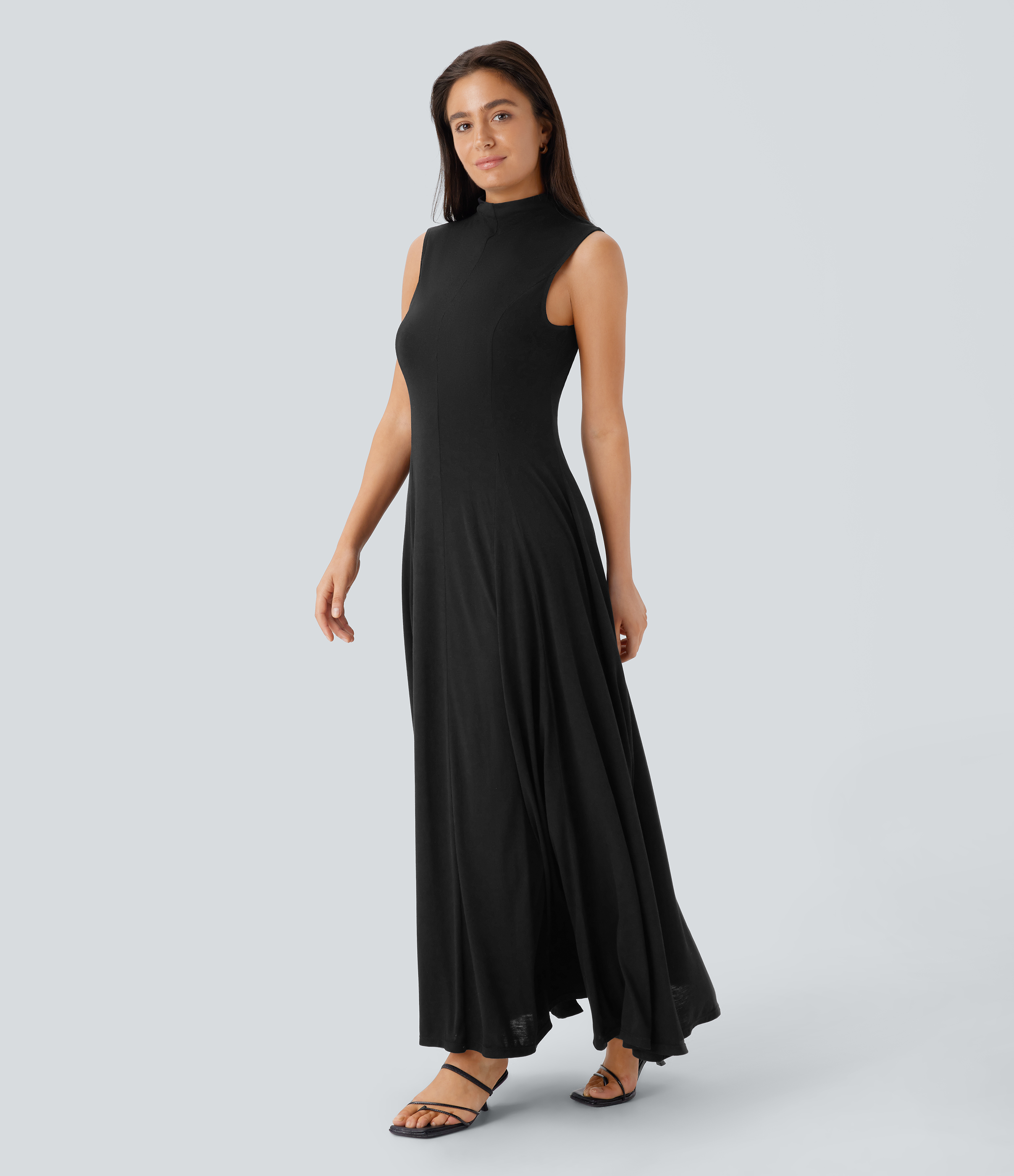 Halara Stand Collar Sleeveless Flowy Midi Resort Dress Casual Dress - Black - L slip dress beach dress ruched dress halter dress 