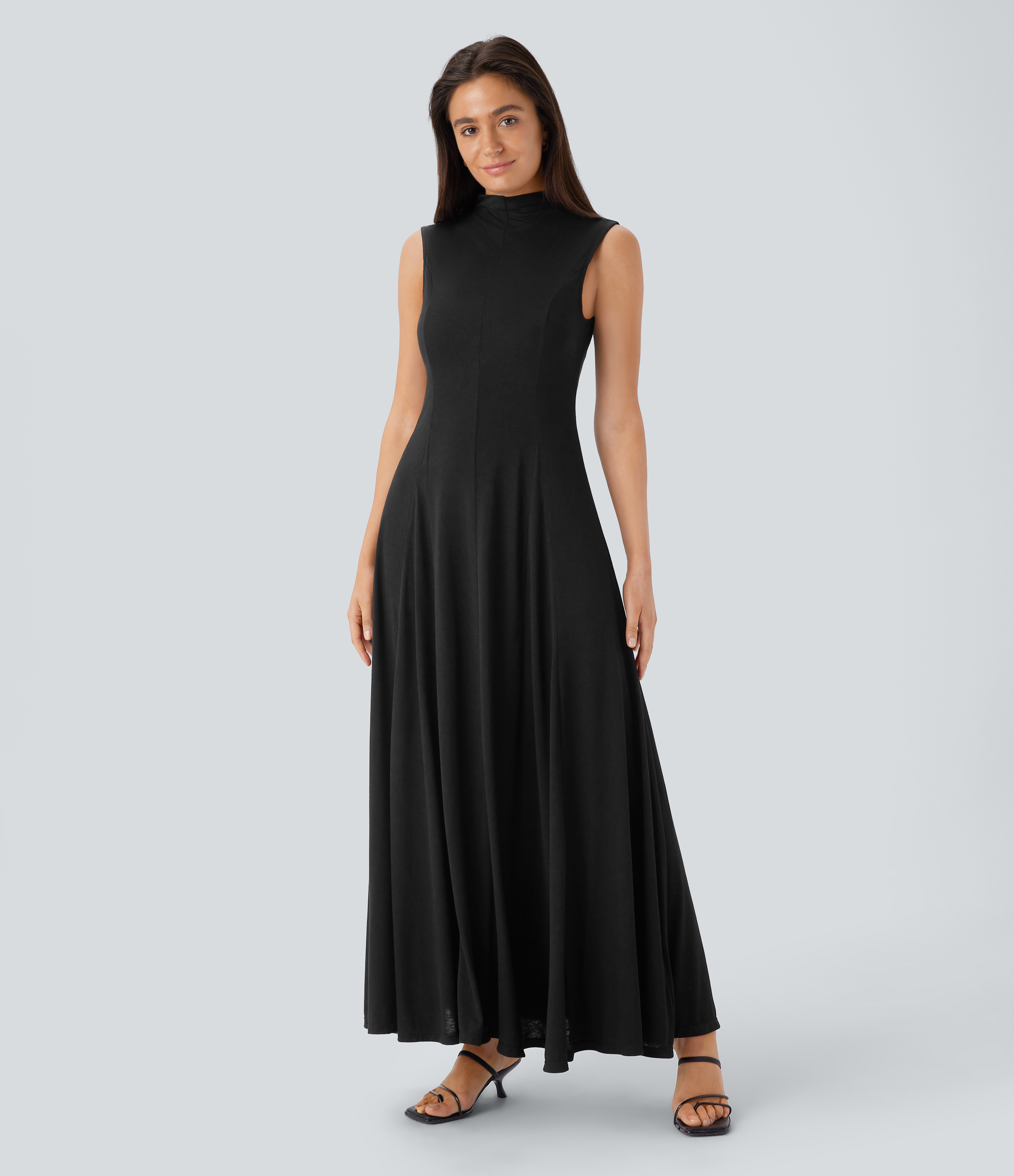 Halara Stand Collar Sleeveless Flowy Midi Resort Dress Casual Dress - Black - L slip dress beach dress ruched dress halter dress 