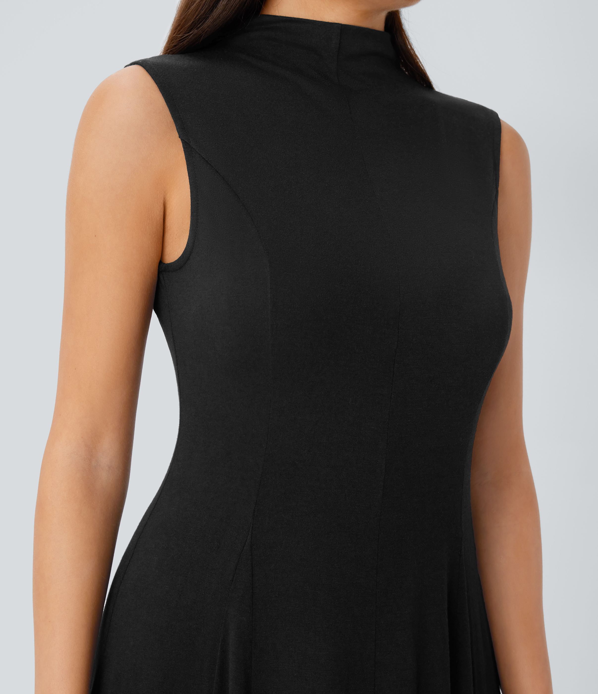 Halara Stand Collar Sleeveless Flowy Midi Resort Dress Casual Dress - Black - L slip dress beach dress ruched dress halter dress 