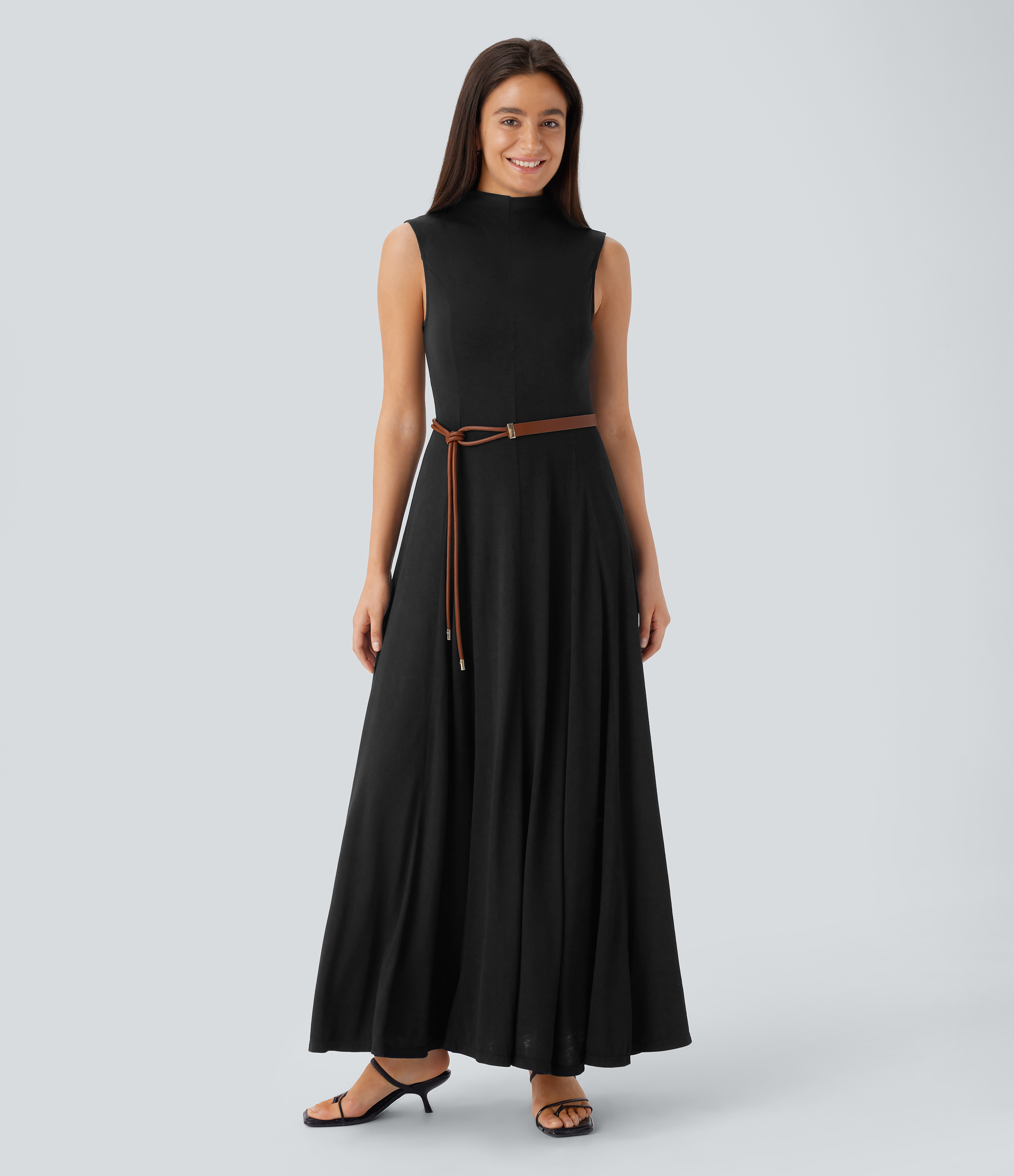 Halara Stand Collar Sleeveless Flowy Midi Resort Dress Casual Dress - Black - L slip dress beach dress ruched dress halter dress 