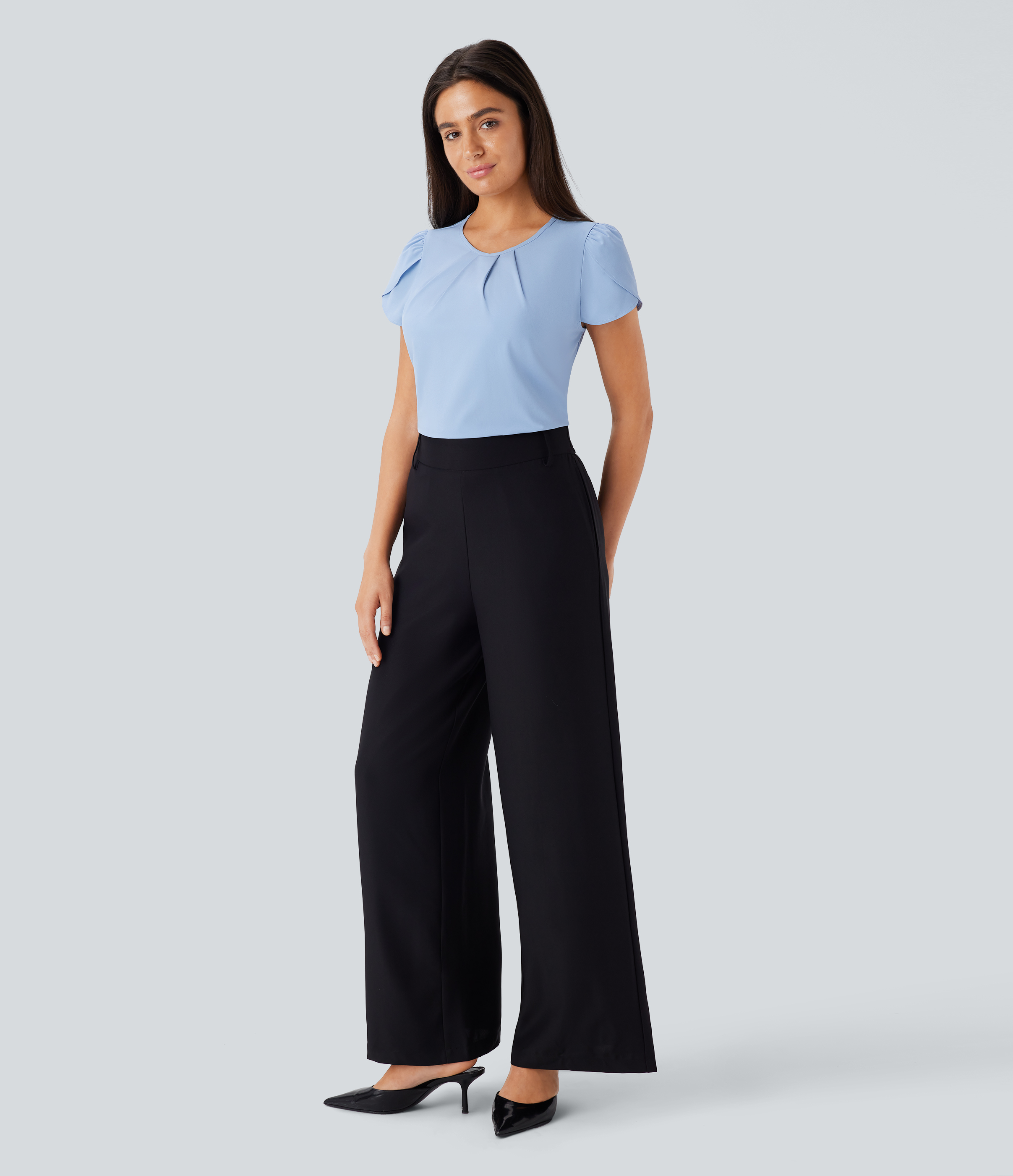 Halara Breezefulв„ў Round Neck Short Sleeve Keyhole Back Quick Dry Work Top Tank Top - Ballad Blue - S golf tops halter top tunic tops 