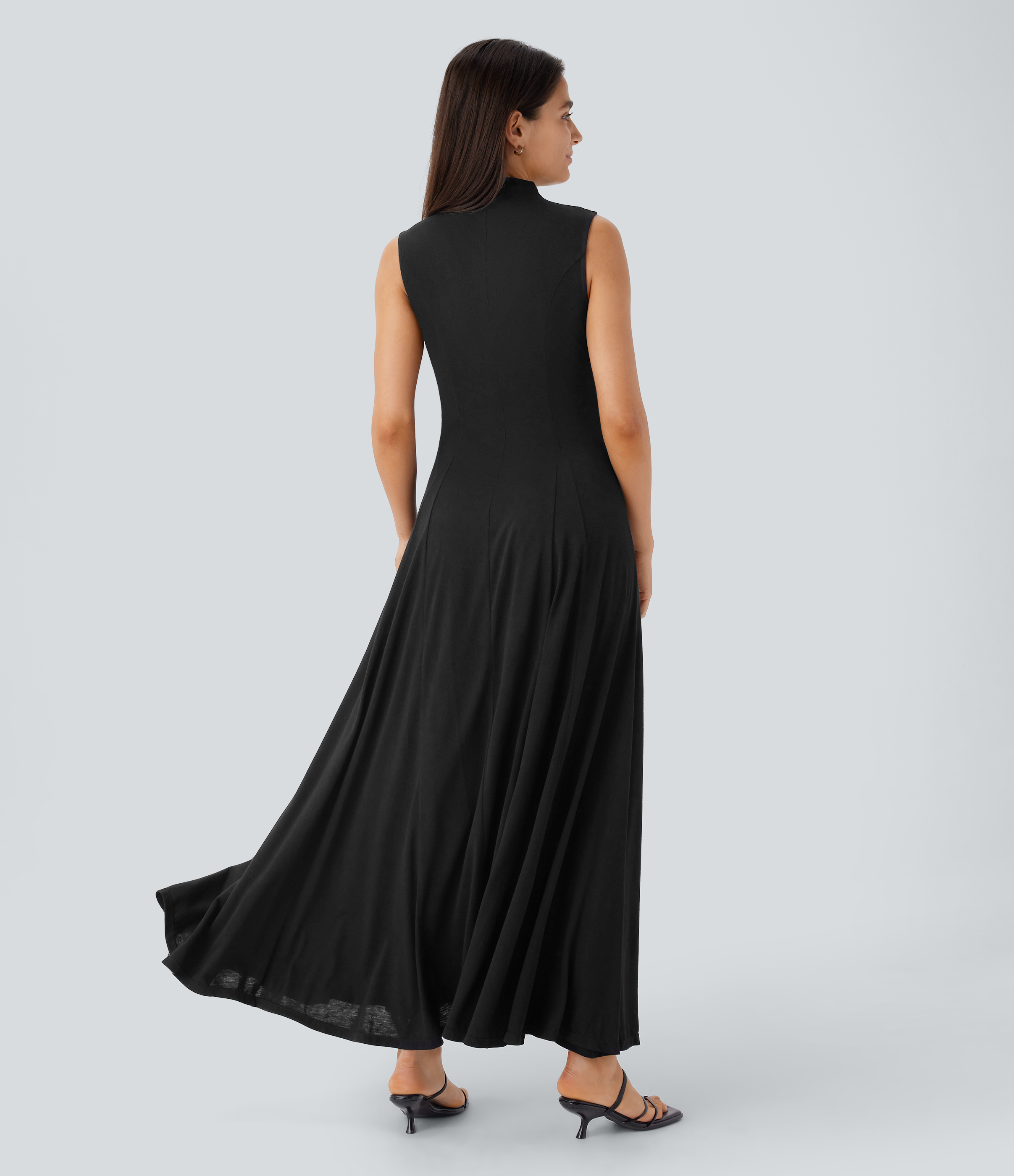 Halara Stand Collar Sleeveless Flowy Midi Resort Dress Casual Dress - Black - L slip dress beach dress ruched dress halter dress 
