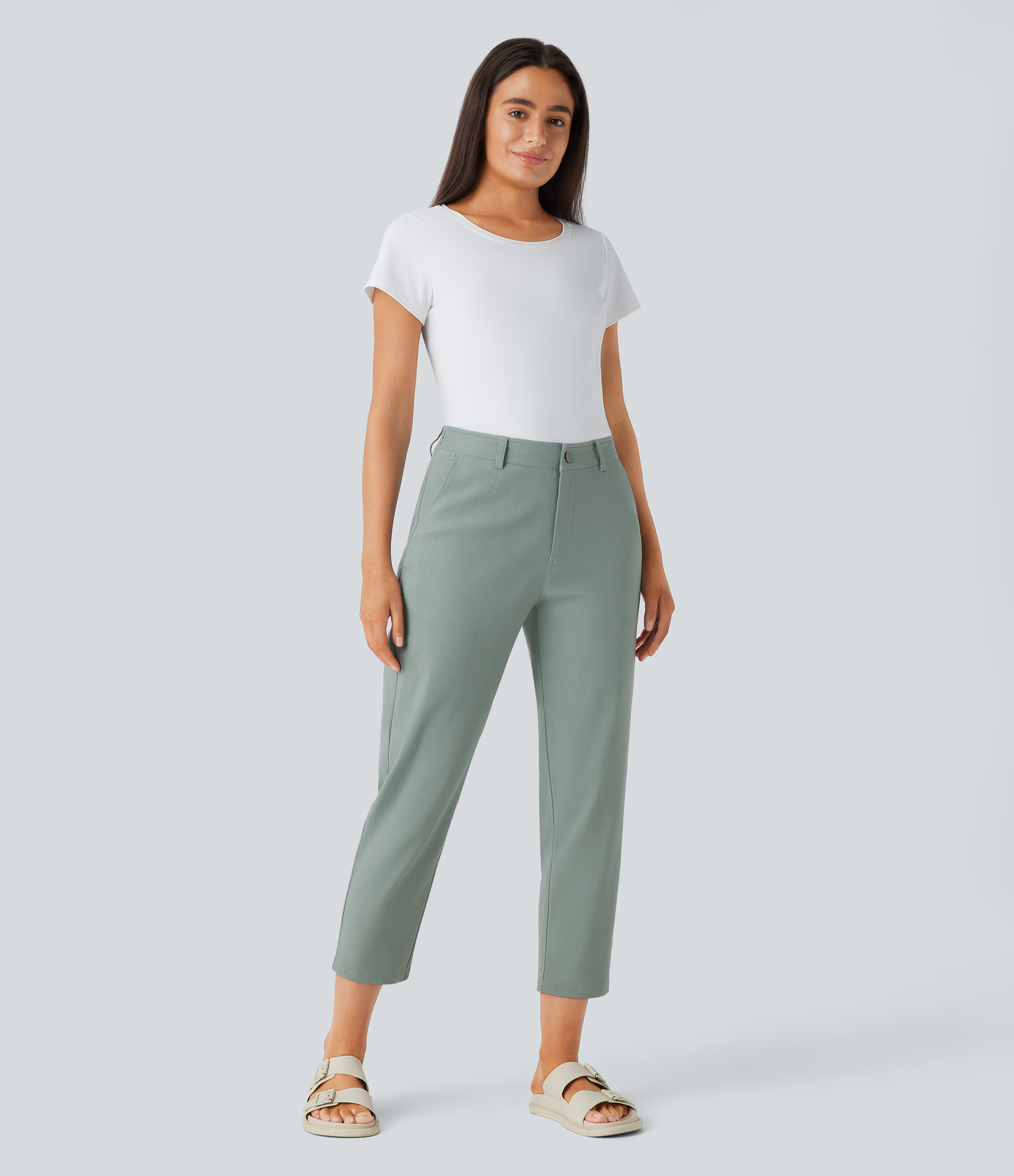 Halara Mid Rise Multiple Pockets Casual Tapered Pants  - Green Milieu - S(regular) sweatpants jogger pants stacked sweatpants cargo joggers 