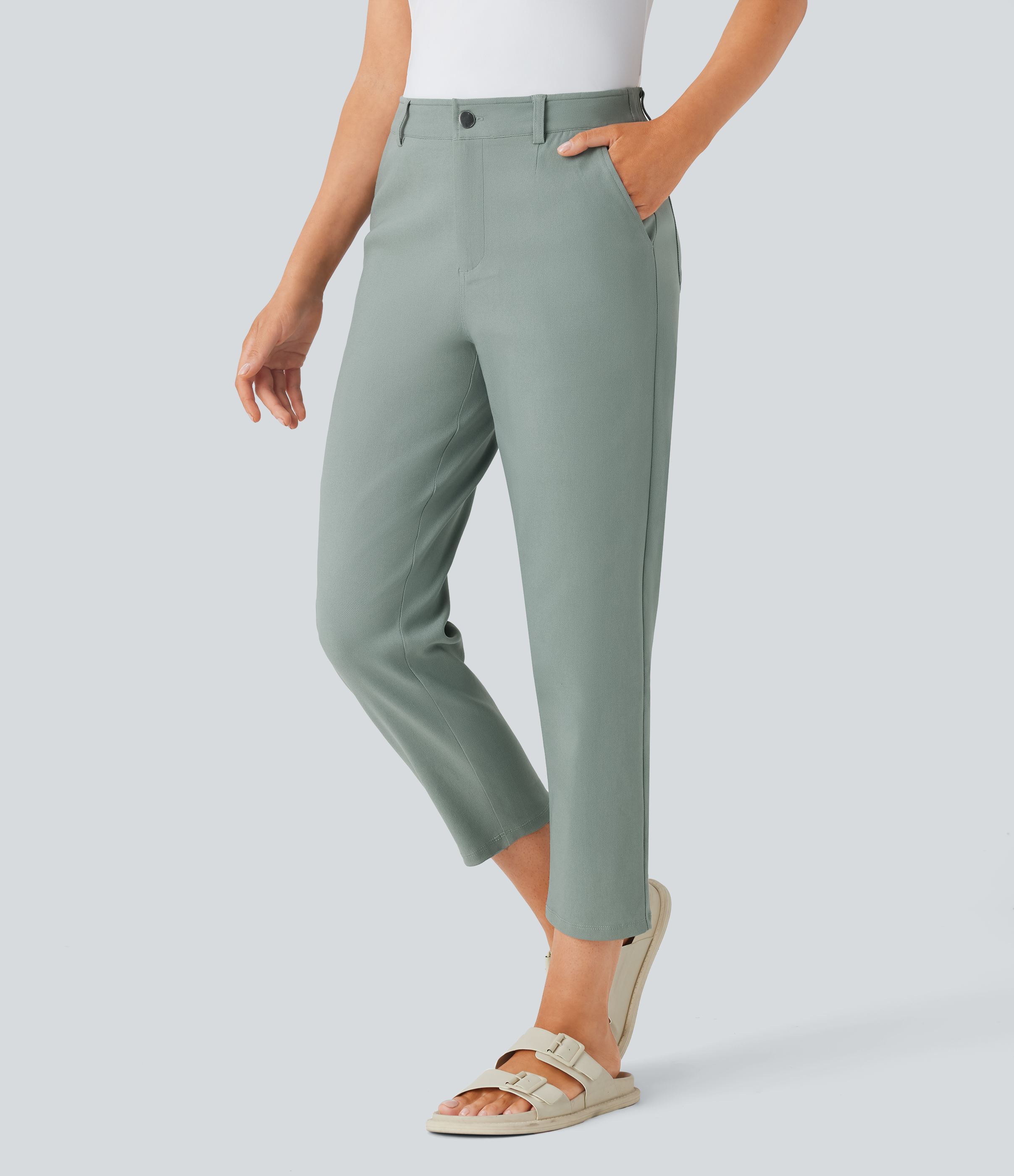 Mid Rise Pockets Casual Tapered Pants