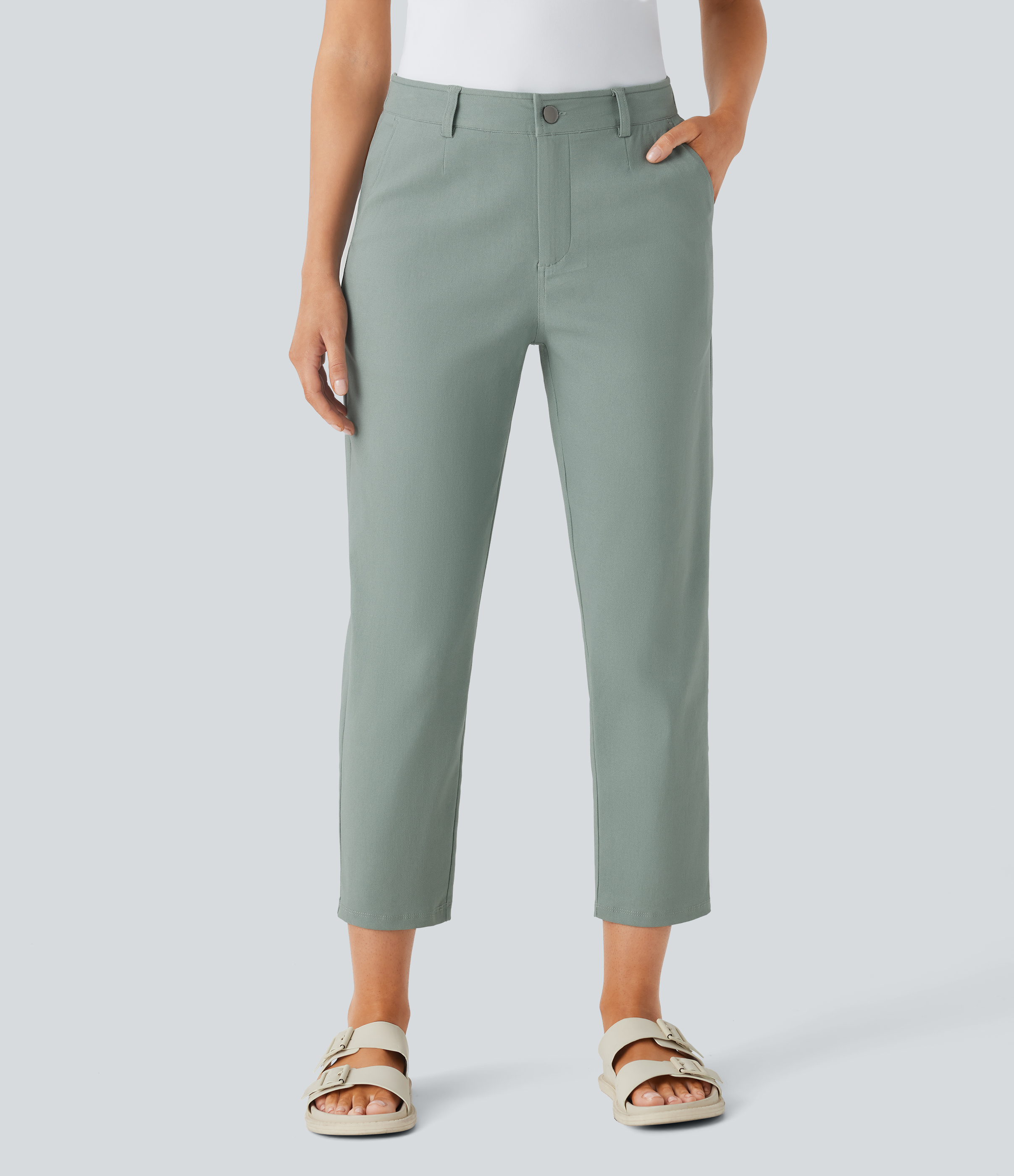 Halara Mid Rise Multiple Pockets Casual Tapered Pants  - Green Milieu - S(regular) sweatpants jogger pants stacked sweatpants cargo joggers 